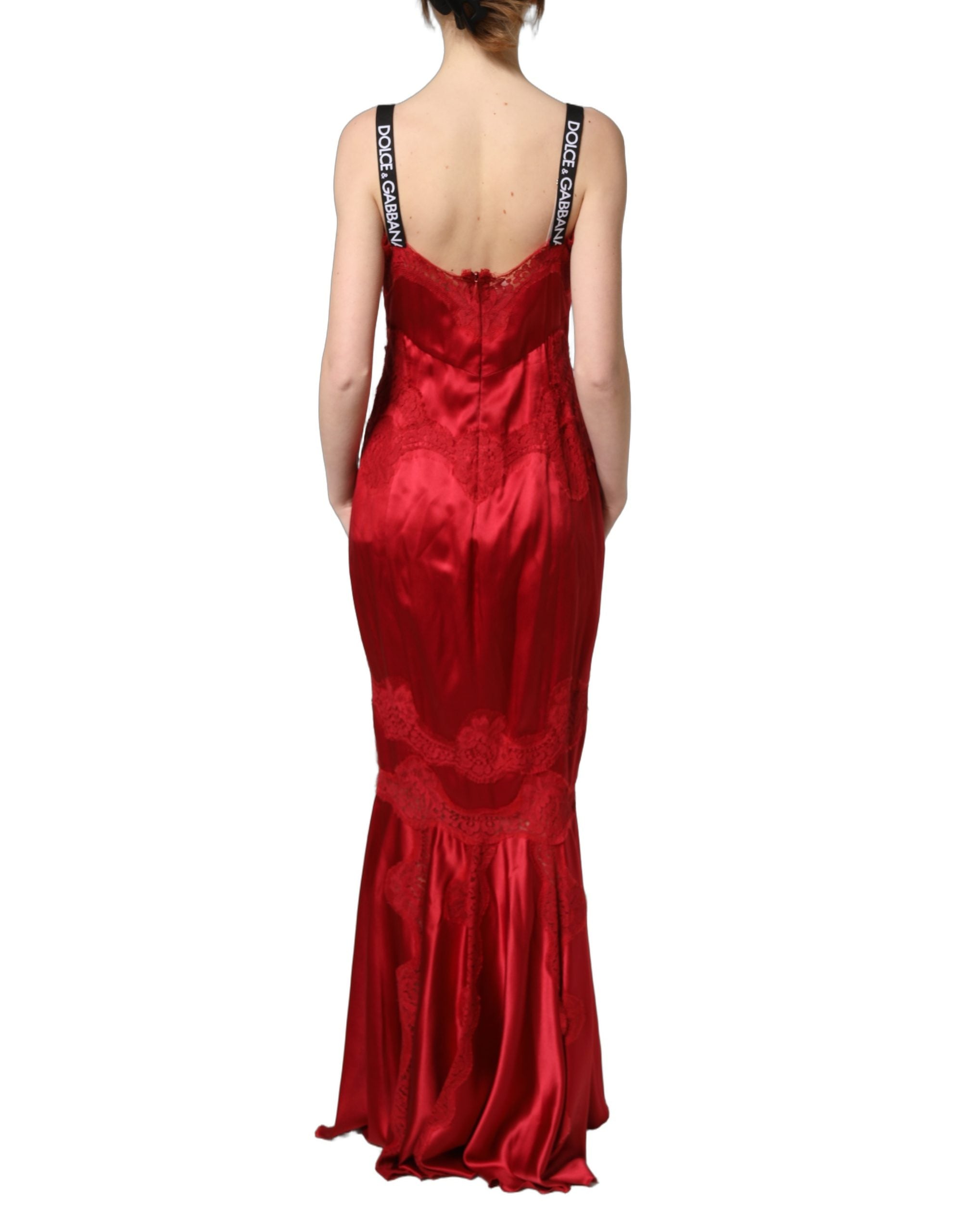 Dolce & Gabbana Ärmelloses Maxikleid aus roter Seide mit Spitzendetails