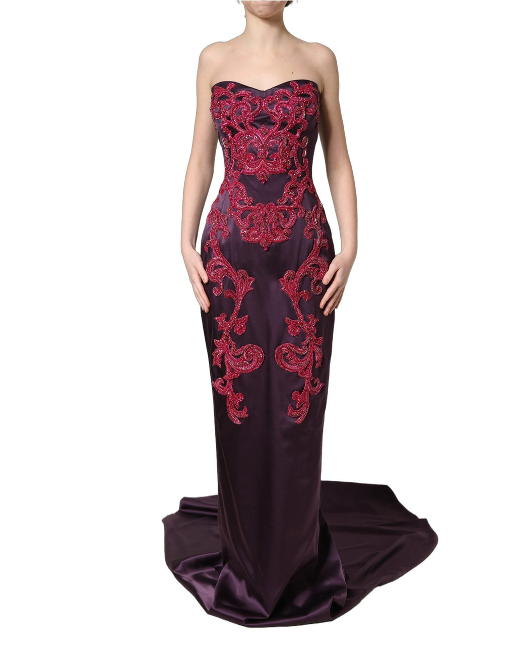 Dolce & Gabbana Lila Seiden-Abendkleid mit Kristallen und Trägern, bodenlang