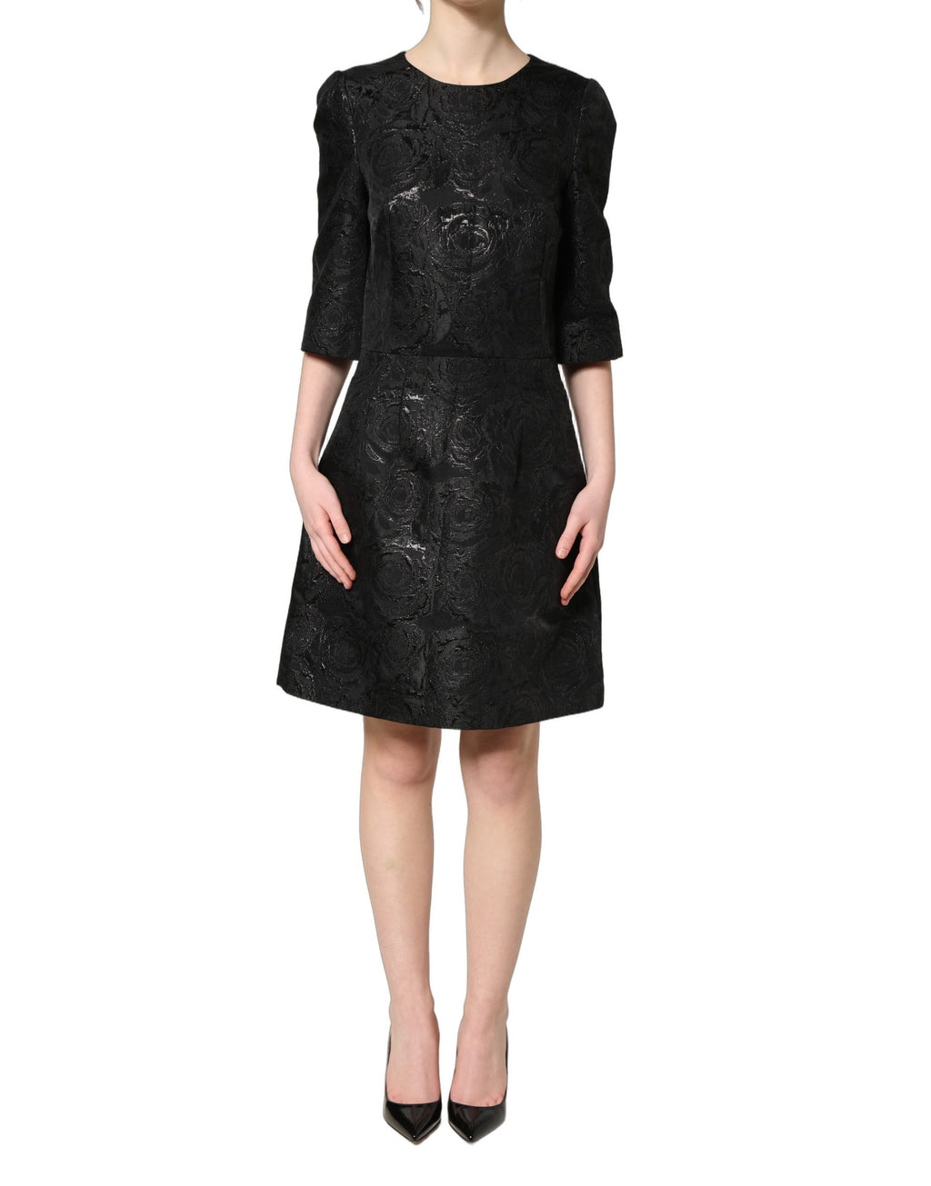 Dolce & Gabbana Schwarzes A-Linien-Kleid mit Blumenjacquard-Muster