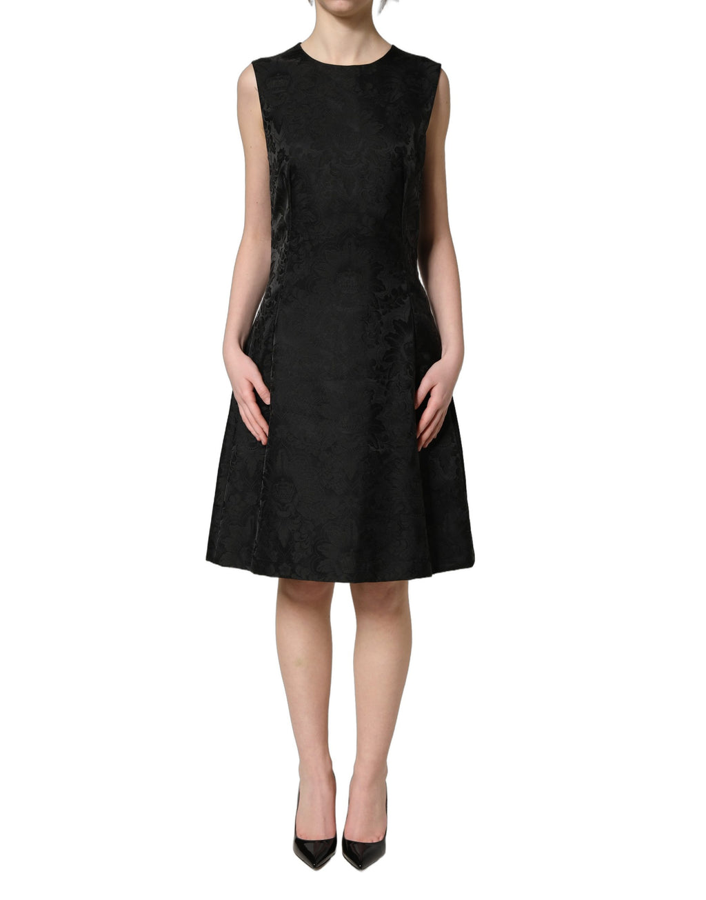 Dolce & Gabbana Schwarzes ärmelloses A-Linien-Kleid aus floralem Jacquard