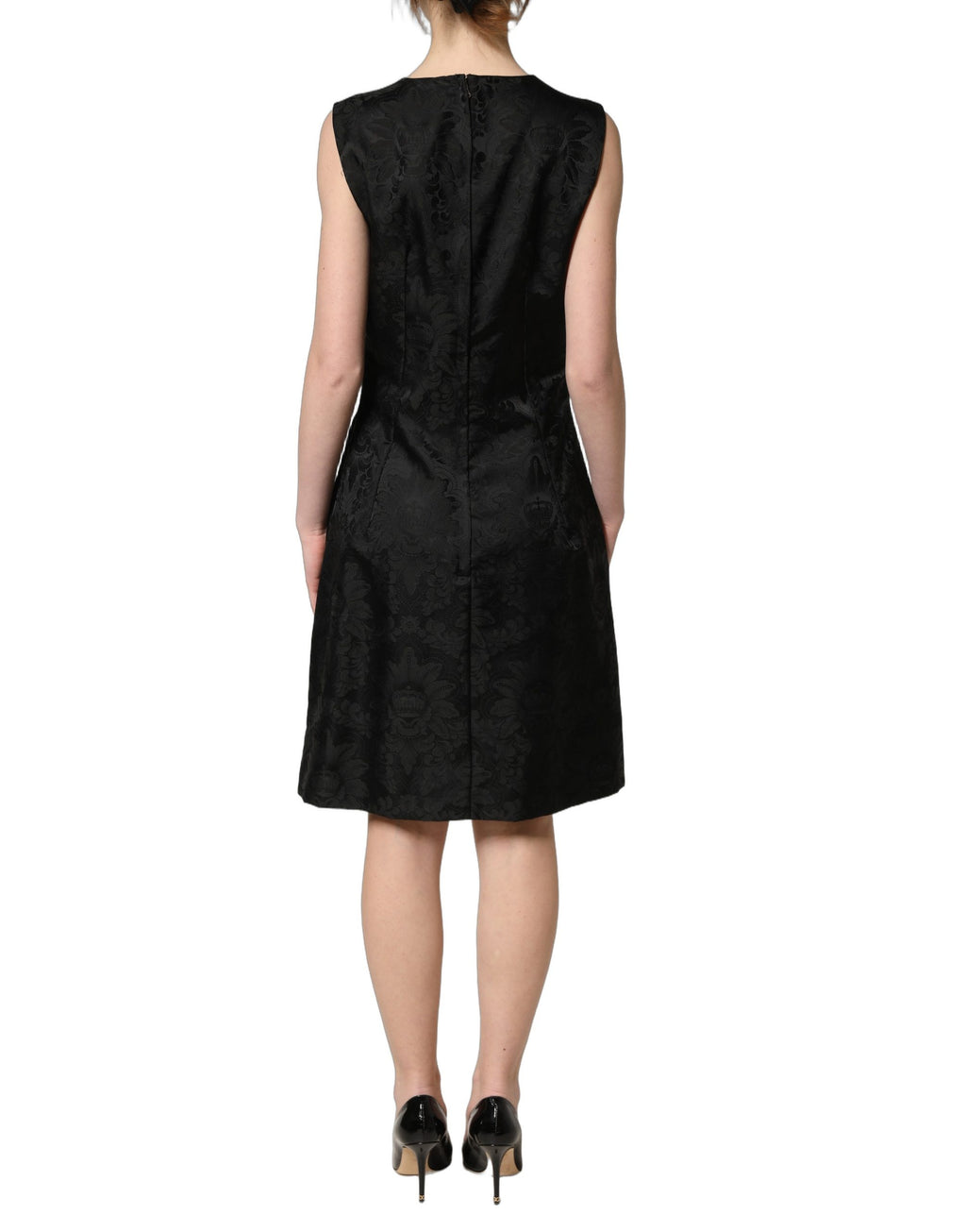Dolce & Gabbana Schwarzes ärmelloses A-Linien-Kleid aus floralem Jacquard