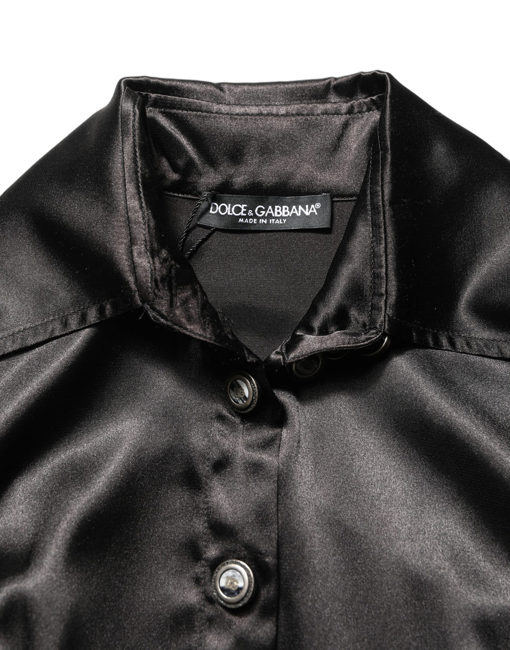 Dolce & Gabbana Schwarzes Satin-Kleid mit langen Puffärmeln und Falten
