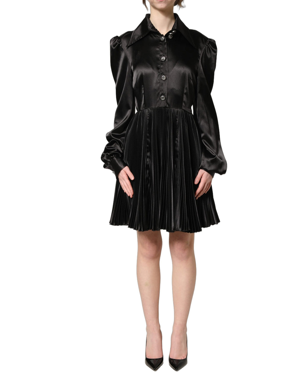 Dolce & Gabbana Schwarzes Satin-Kleid mit langen Puffärmeln und Falten