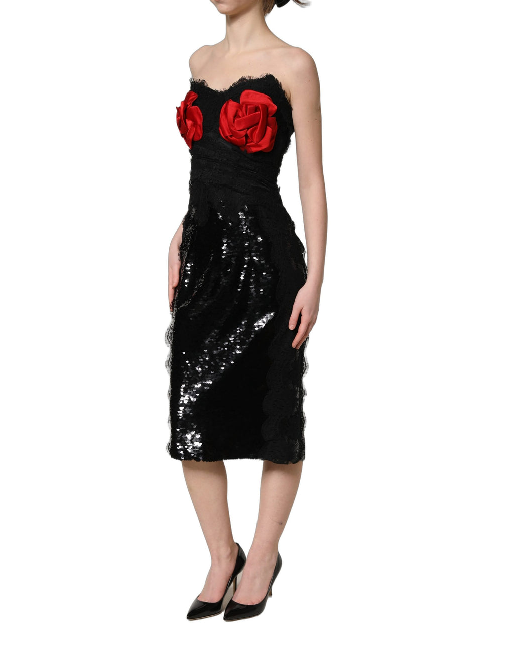Dolce & Gabbana Schwarzes trägerloses Midi-Kleid mit roten Rosen-Pailletten