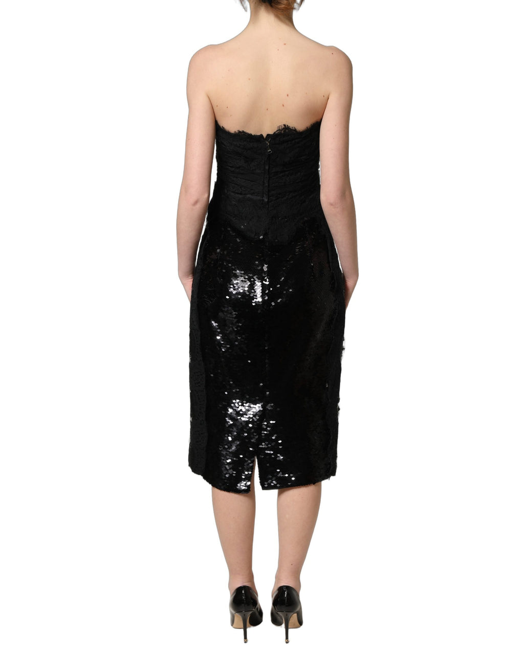 Dolce & Gabbana Schwarzes trägerloses Midi-Kleid mit roten Rosen-Pailletten