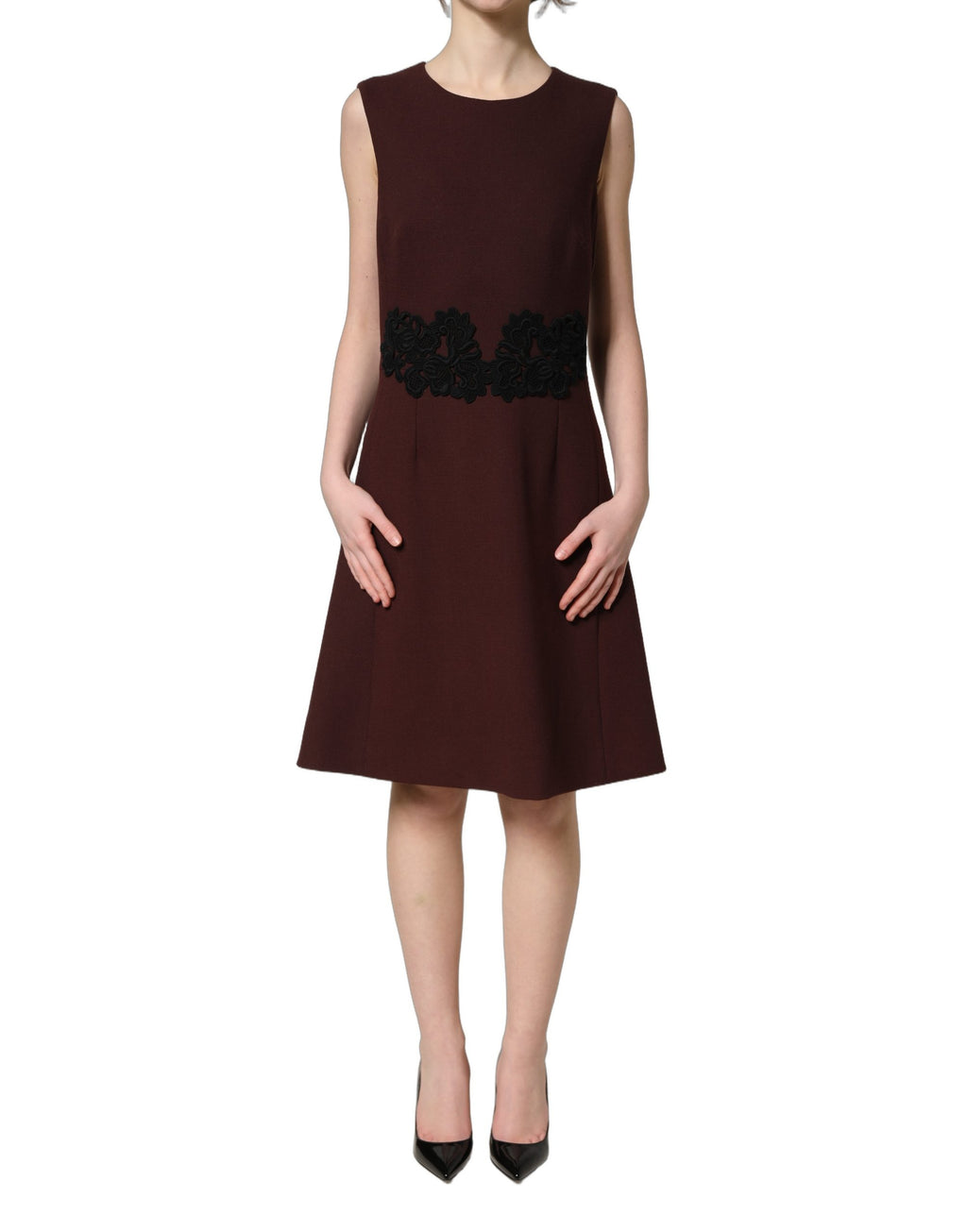Dolce & Gabbana Maroon Lace Sleeveless Knee Length Dress