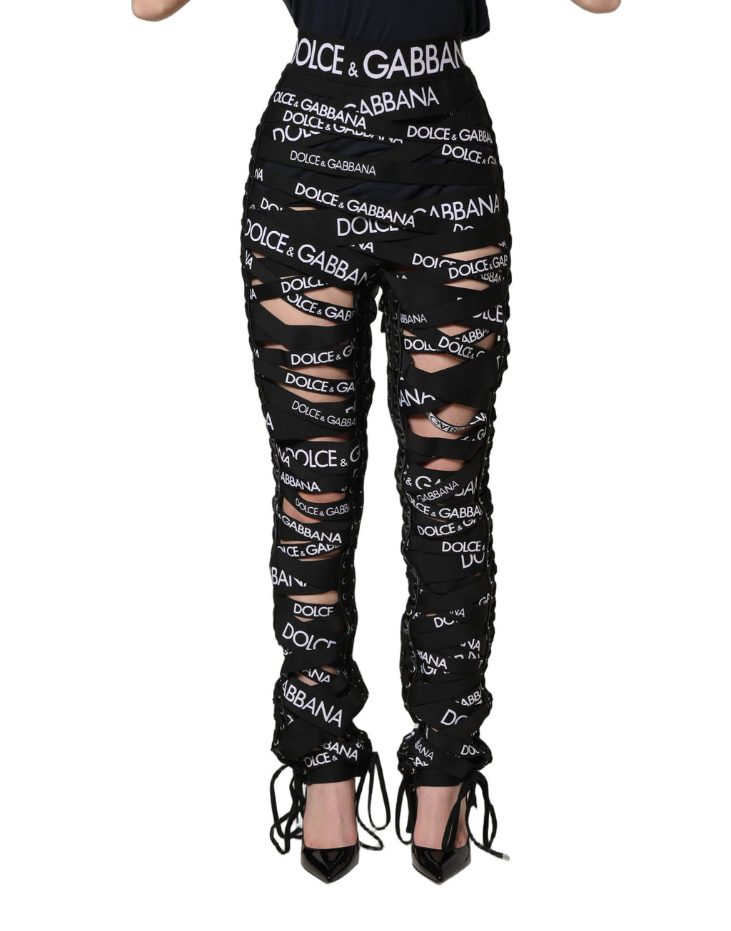 Dolce & Gabbana Schwarze Skinny High Waist Hose mit Logo-Tape und Cut-Out-Details