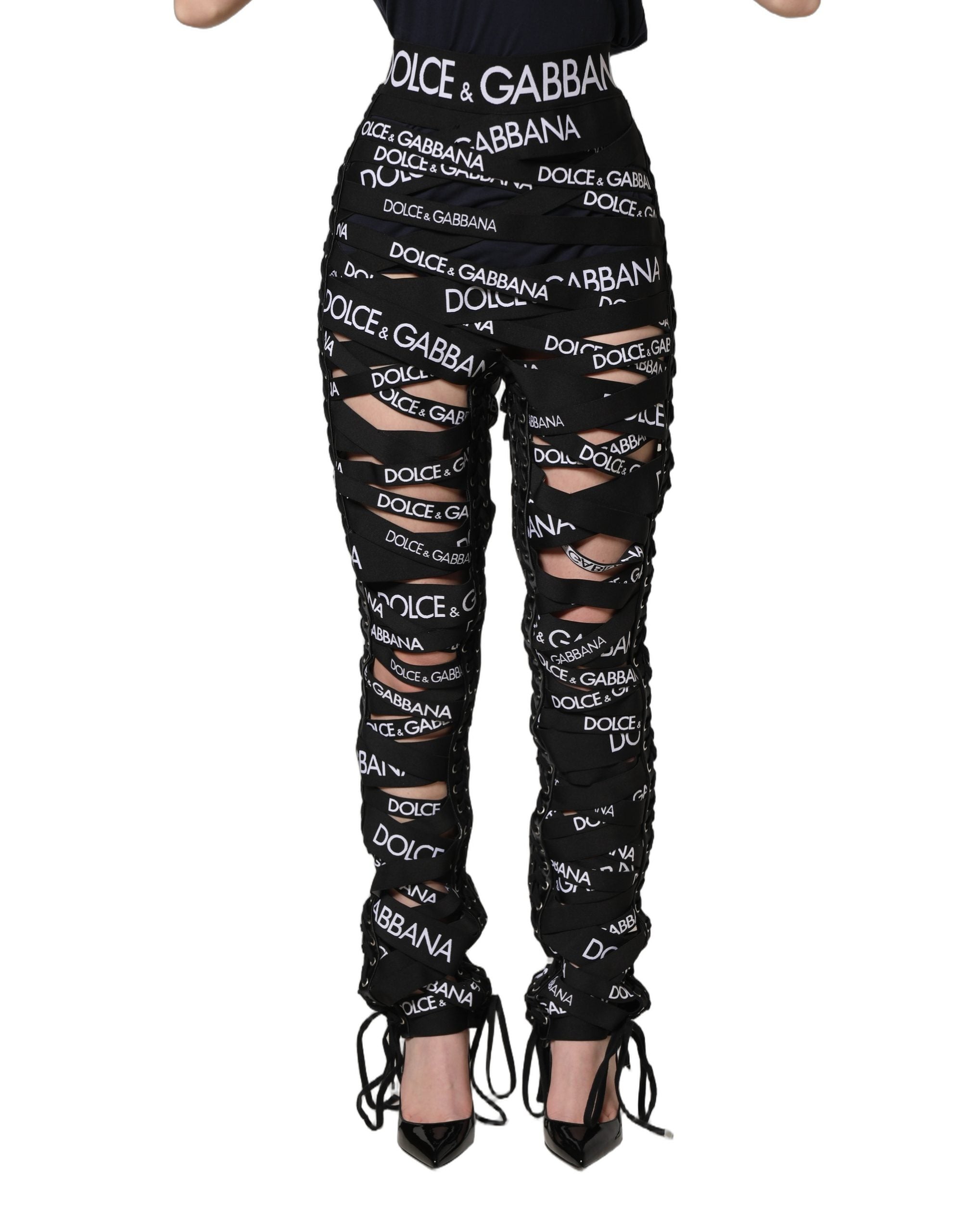 Dolce & Gabbana Schwarze Skinny High Waist Hose mit Logo-Tape und Cut-Out-Details
