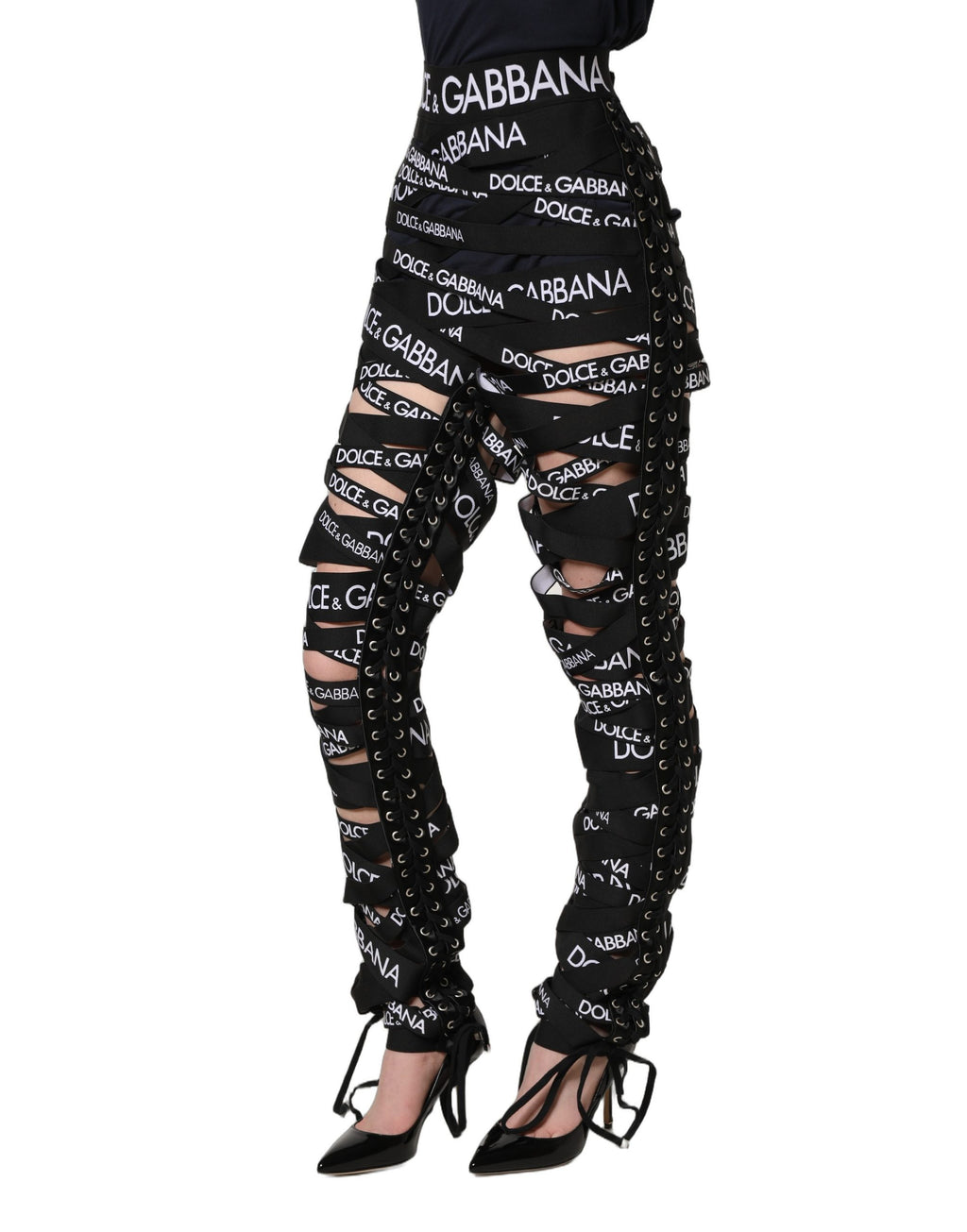 Dolce & Gabbana Schwarze Skinny High Waist Hose mit Logo-Tape und Cut-Out-Details