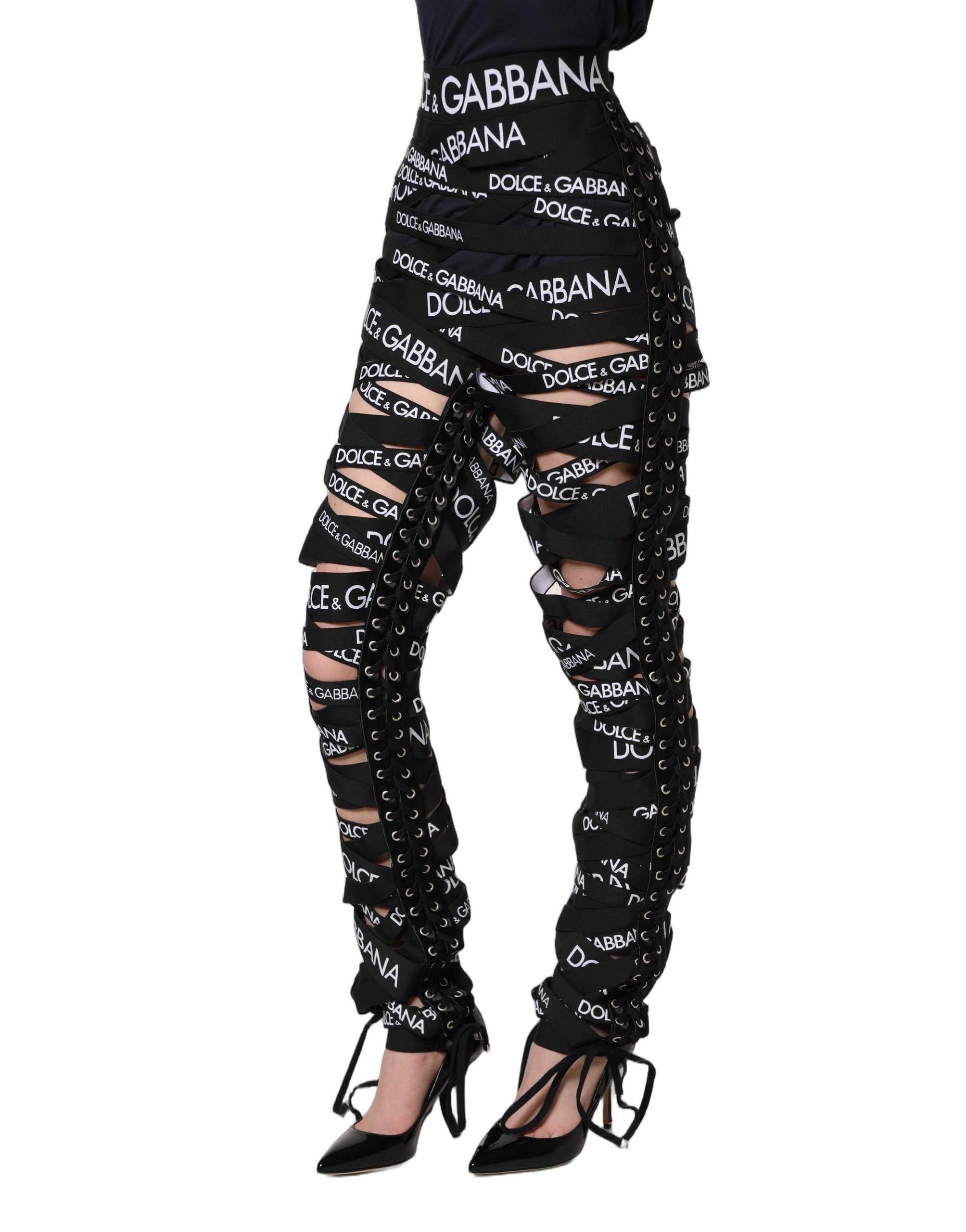 Dolce & Gabbana Schwarze Skinny High Waist Hose mit Logo-Tape und Cut-Out-Details