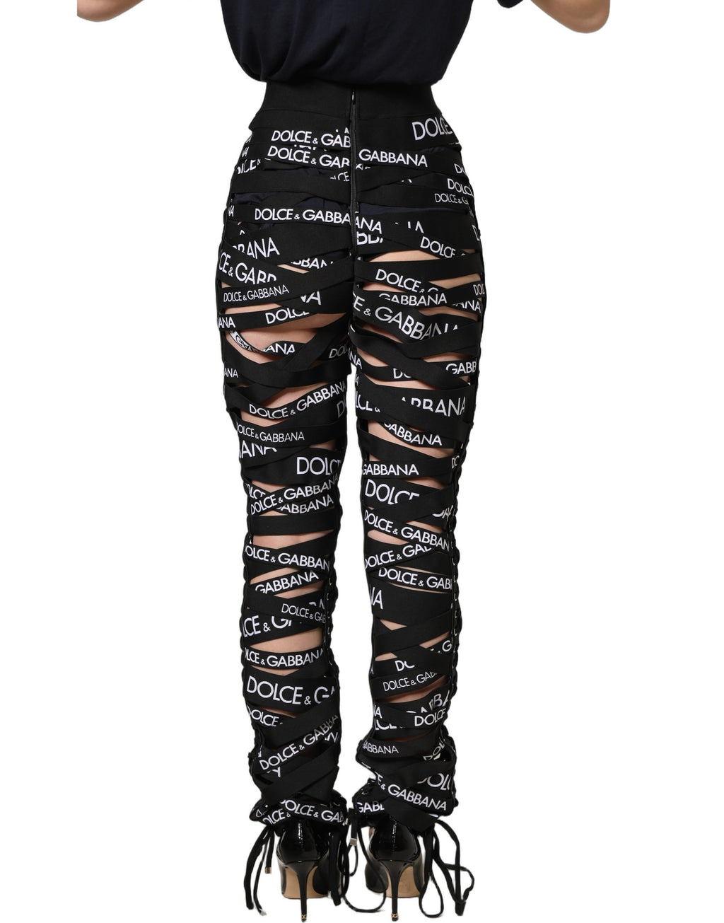 Dolce & Gabbana Schwarze Skinny High Waist Hose mit Logo-Tape und Cut-Out-Details