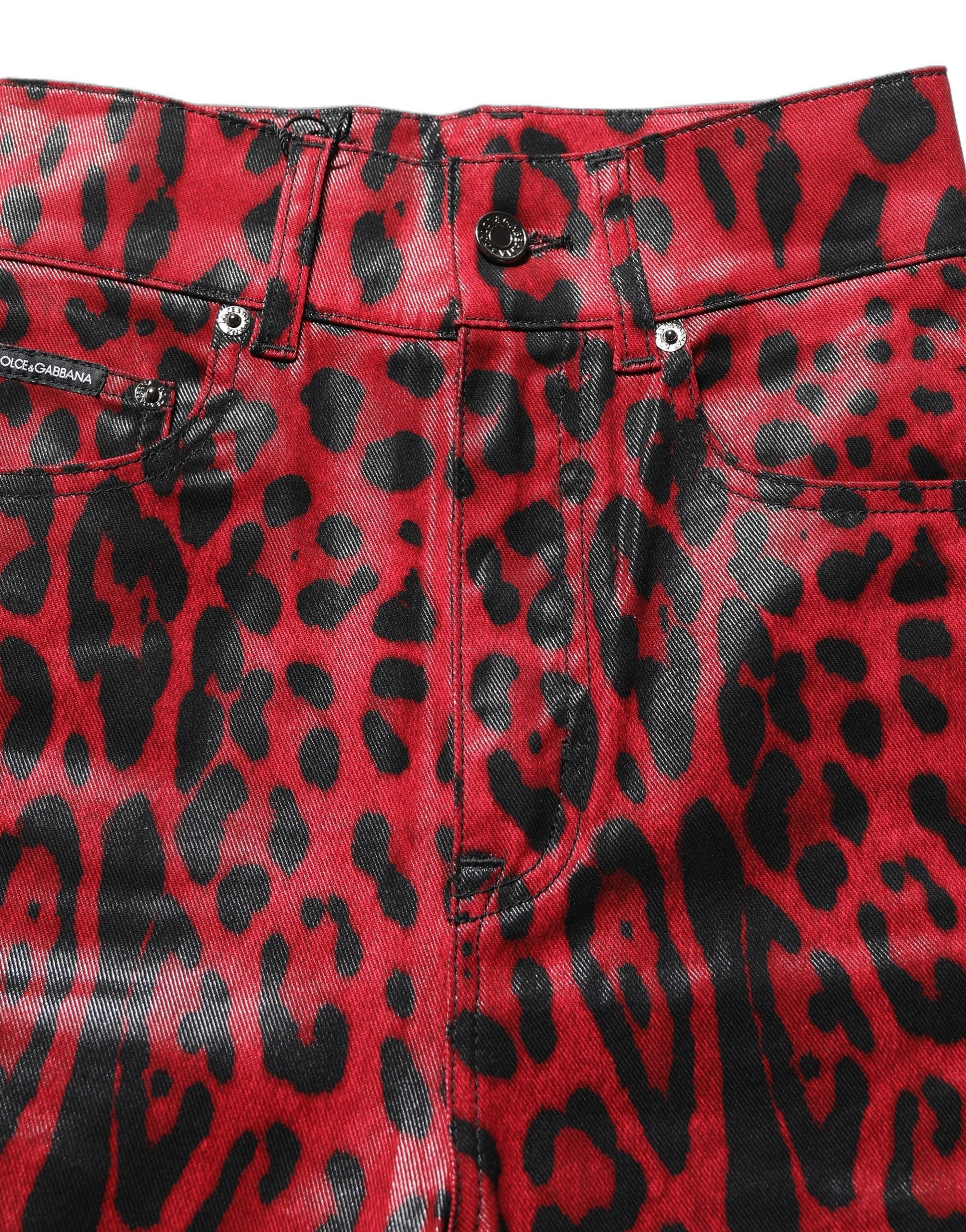 Dolce & Gabbana Rote Skinny High Waist Jeans im Leoparden-Look