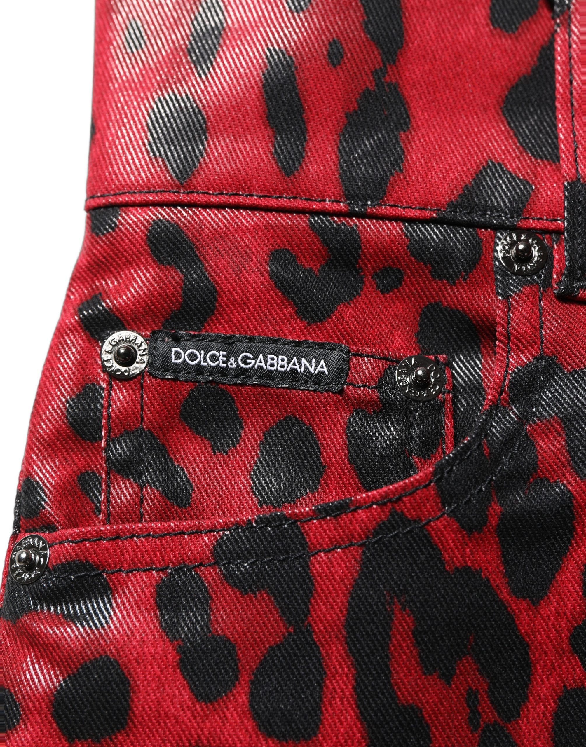 Dolce & Gabbana Rote Skinny High Waist Jeans im Leoparden-Look