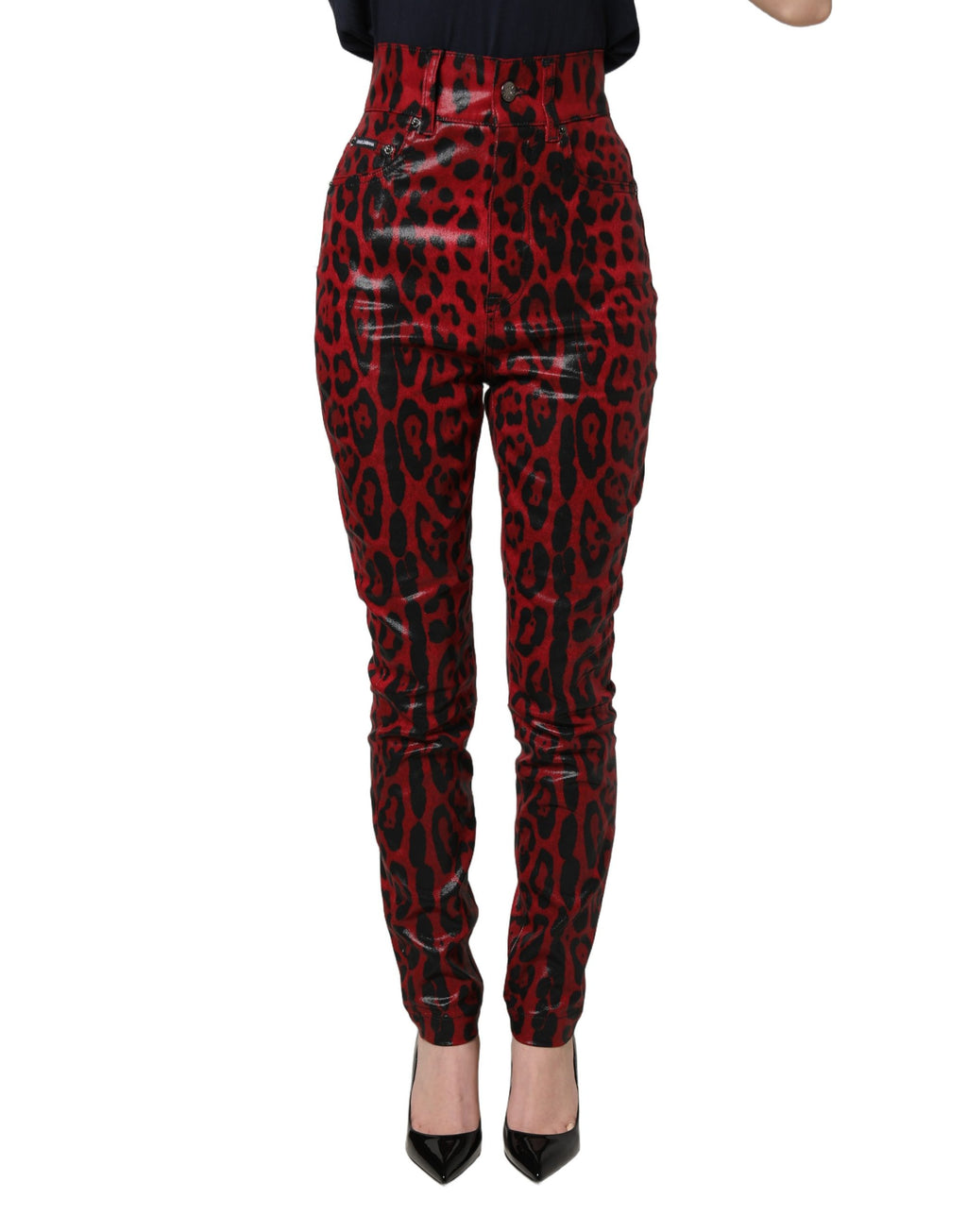 Dolce & Gabbana Rote Skinny High Waist Jeans im Leoparden-Look