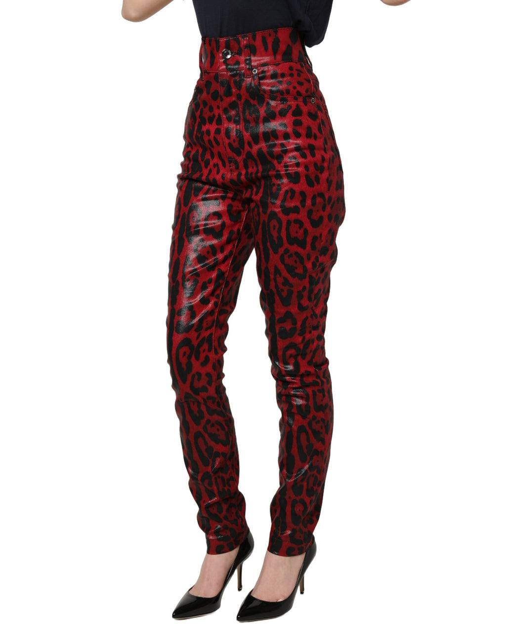 Dolce & Gabbana Rote Skinny High Waist Jeans im Leoparden-Look