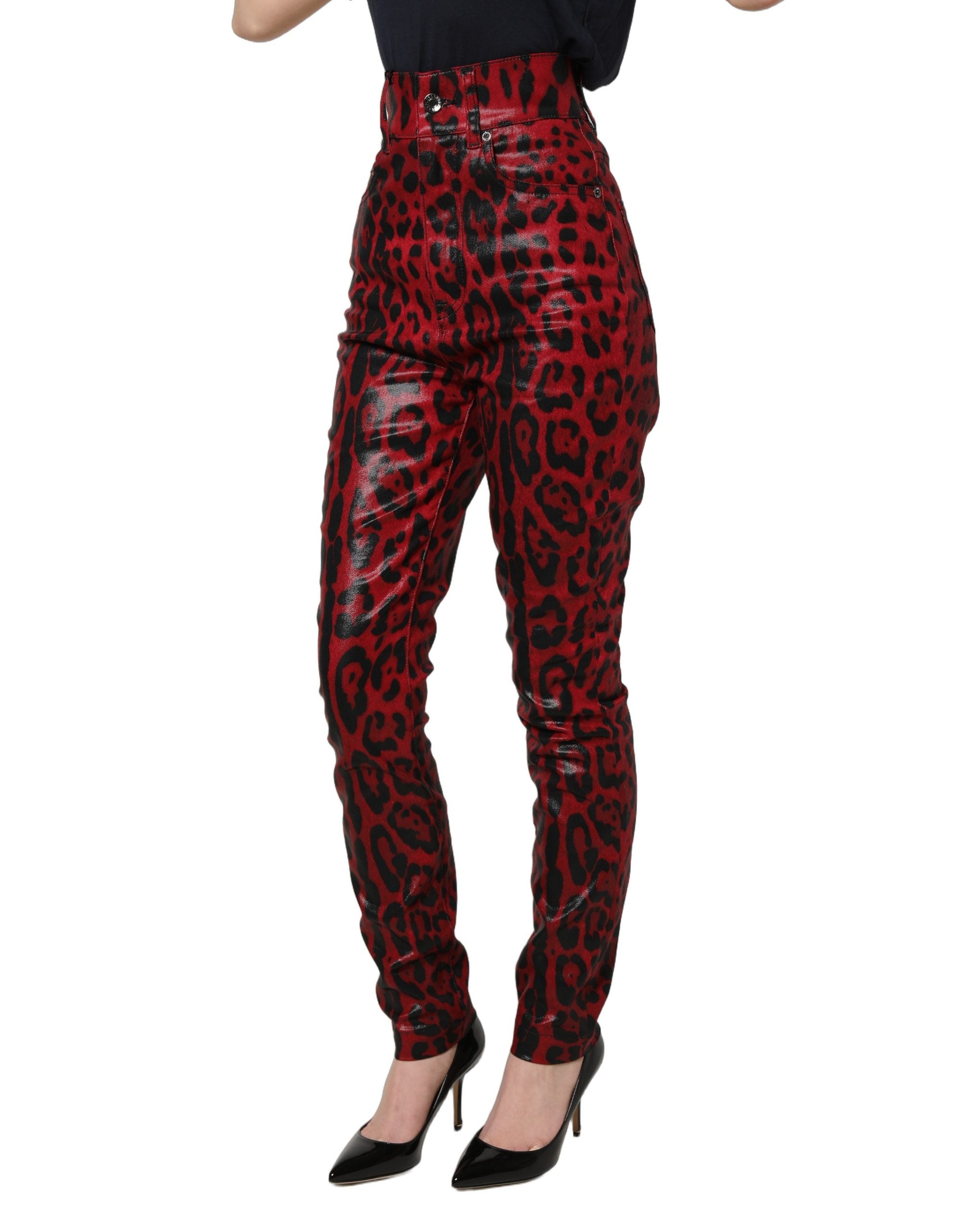 Dolce & Gabbana Rote Skinny High Waist Jeans im Leoparden-Look