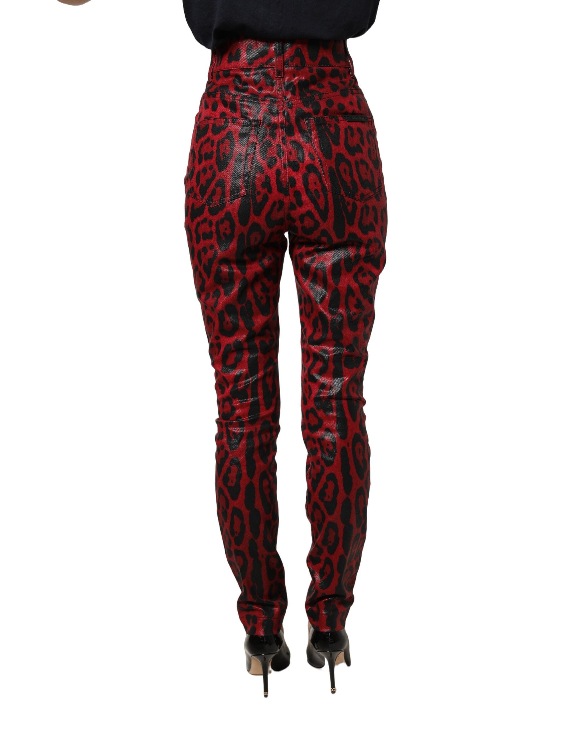 Dolce & Gabbana Rote Skinny High Waist Jeans im Leoparden-Look