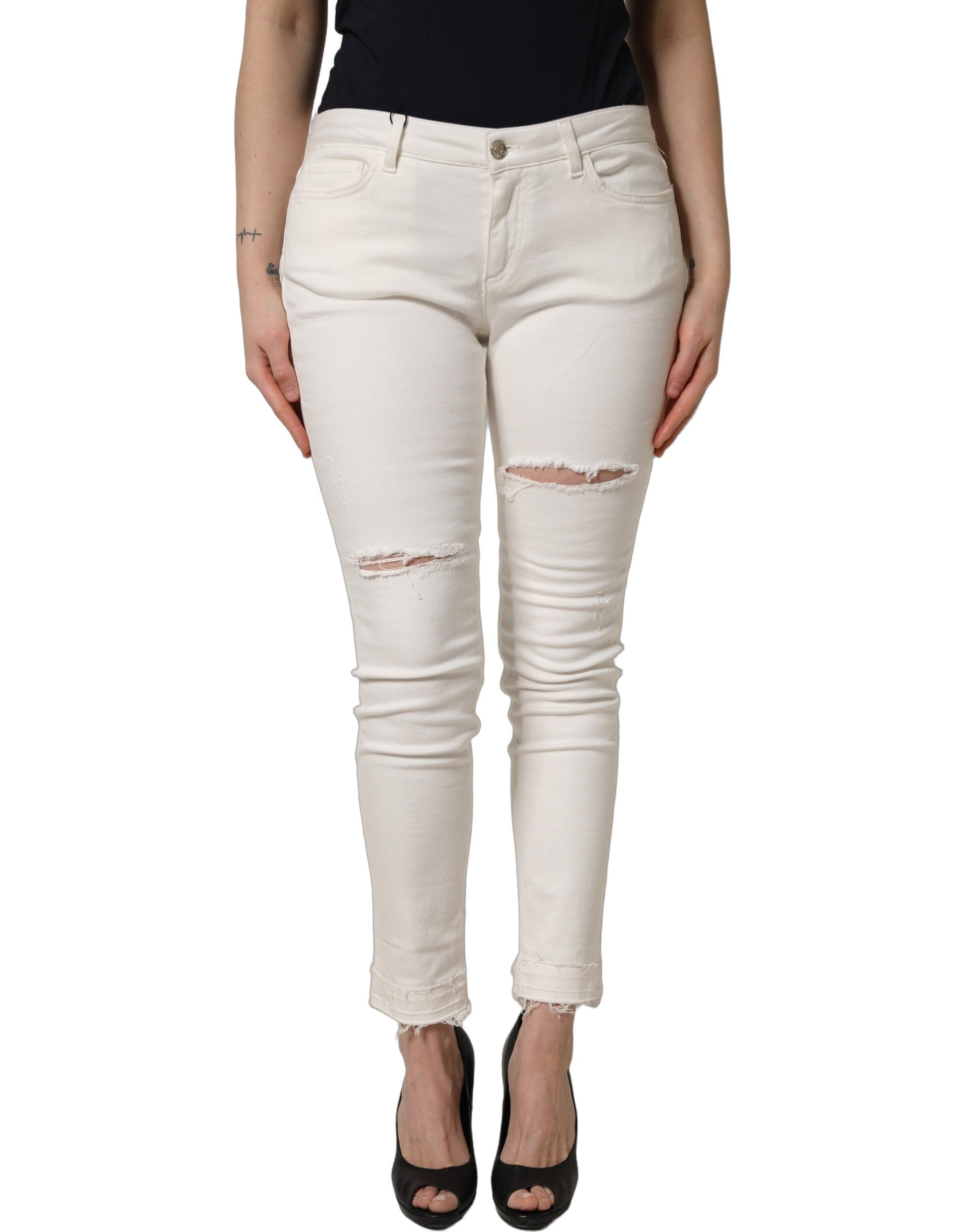 Dolce & Gabbana Weiße Skinny-Jeans aus Baumwoll-Denim mit Destroyed-Effekt