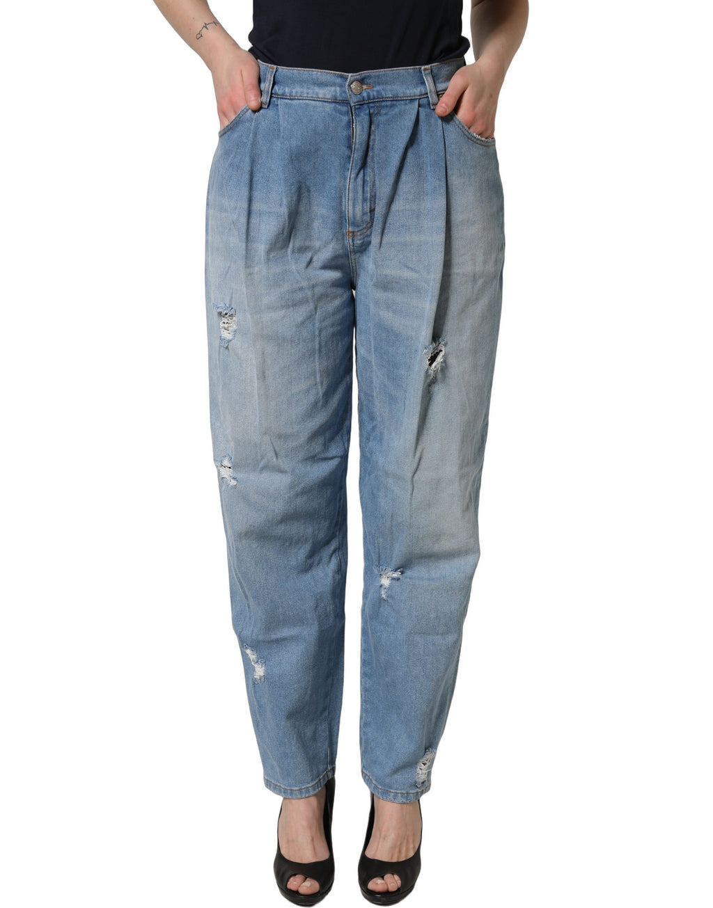 Dolce & Gabbana Blaue distressed Jeans aus Baumwoll-Denim mit Faltenlegung