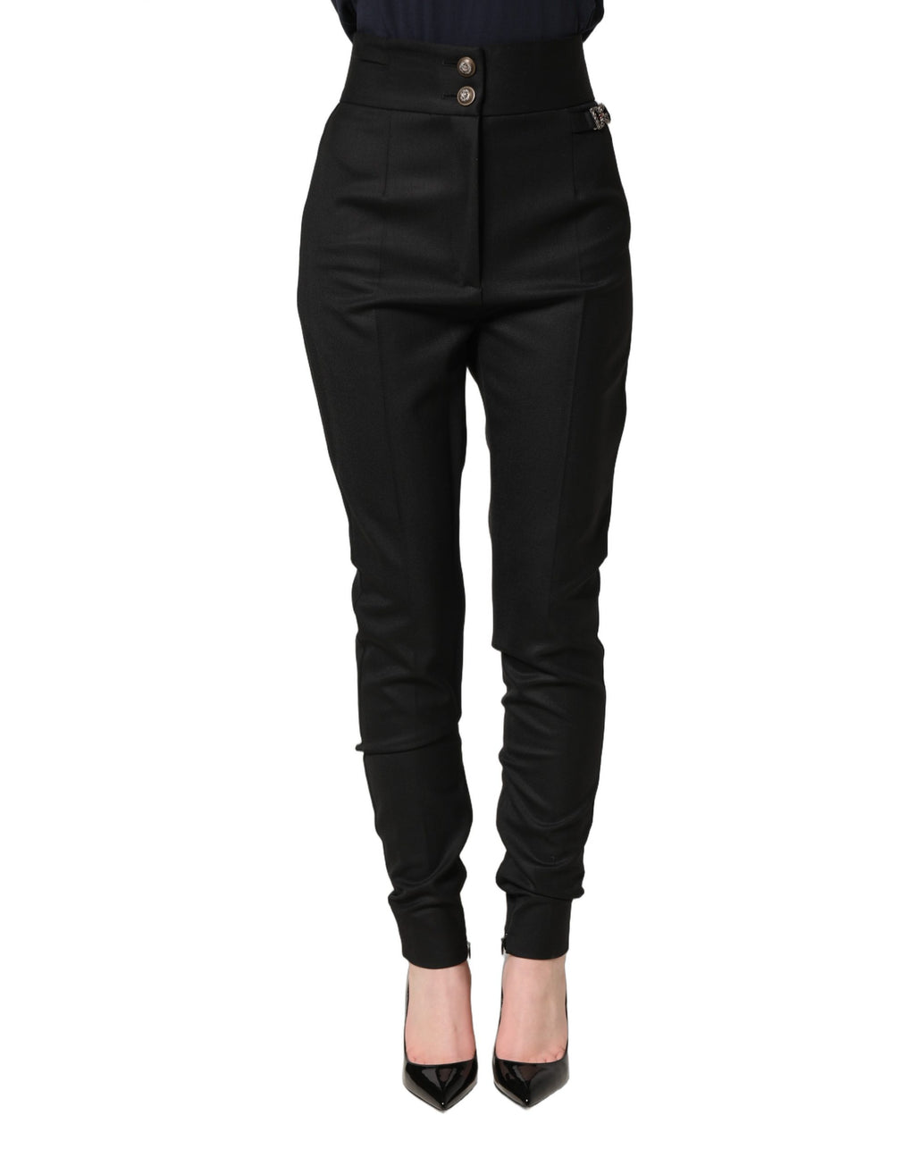 Dolce & Gabbana Schwarze Wollhose mit hohem Bund und Logo