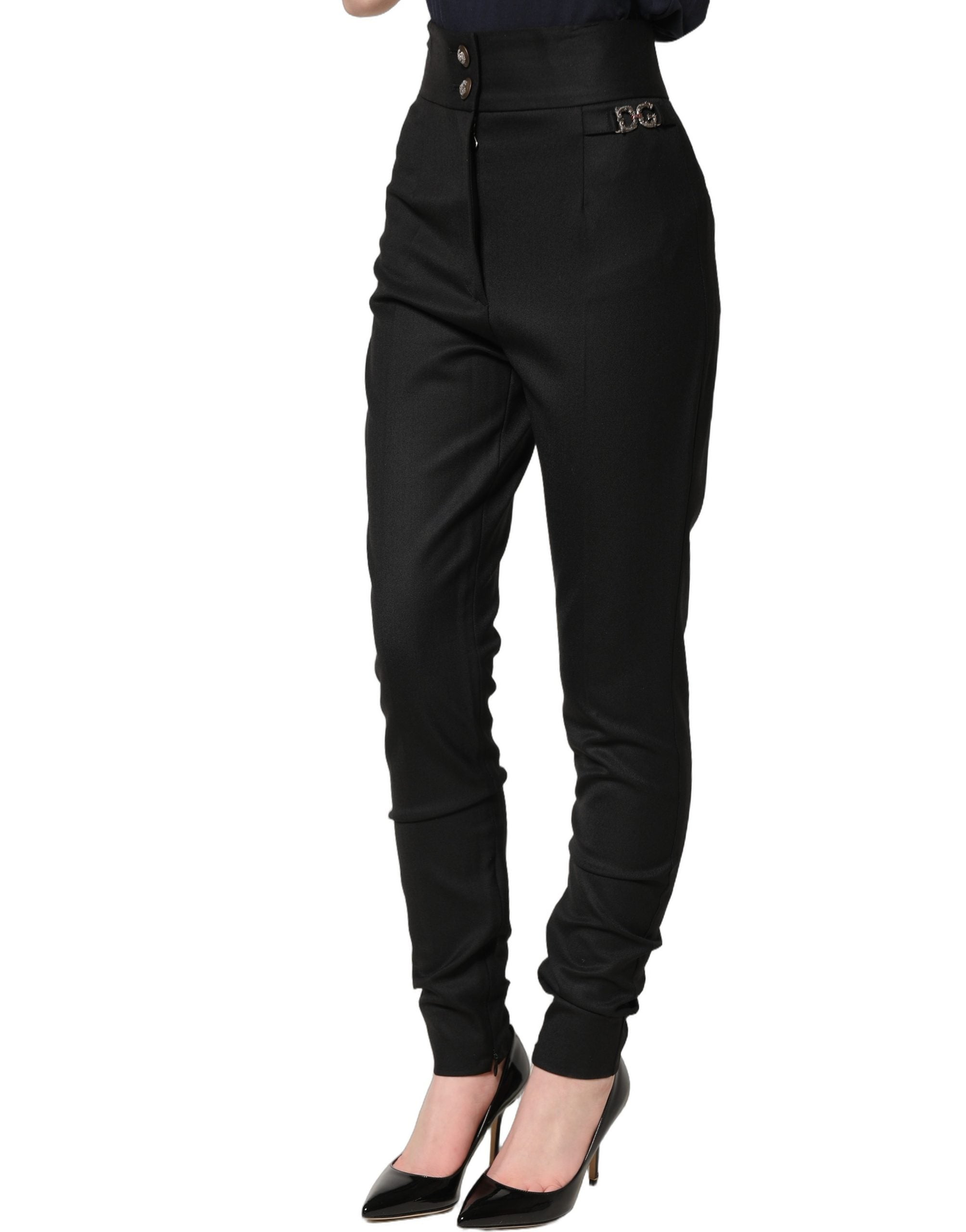 Dolce & Gabbana Schwarze Wollhose mit hohem Bund und Logo