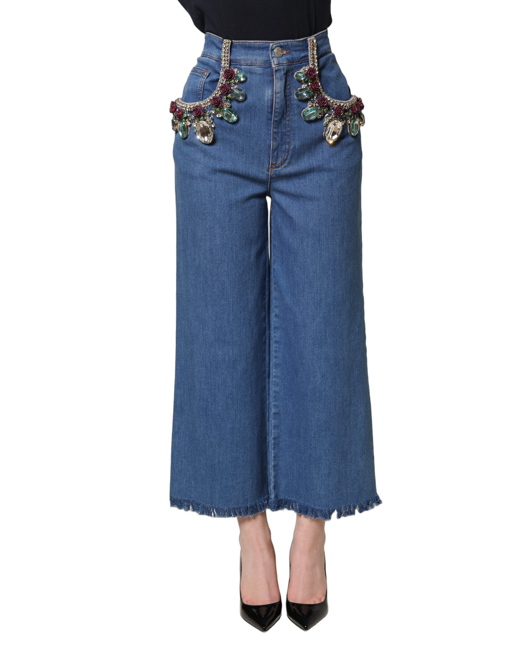 Dolce & Gabbana Blaue Jeans mit weitem Bein und Kristallverzierungen