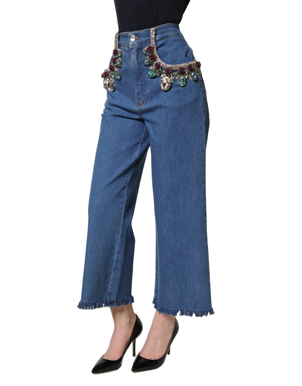 Dolce & Gabbana Blaue Jeans mit weitem Bein und Kristallverzierungen