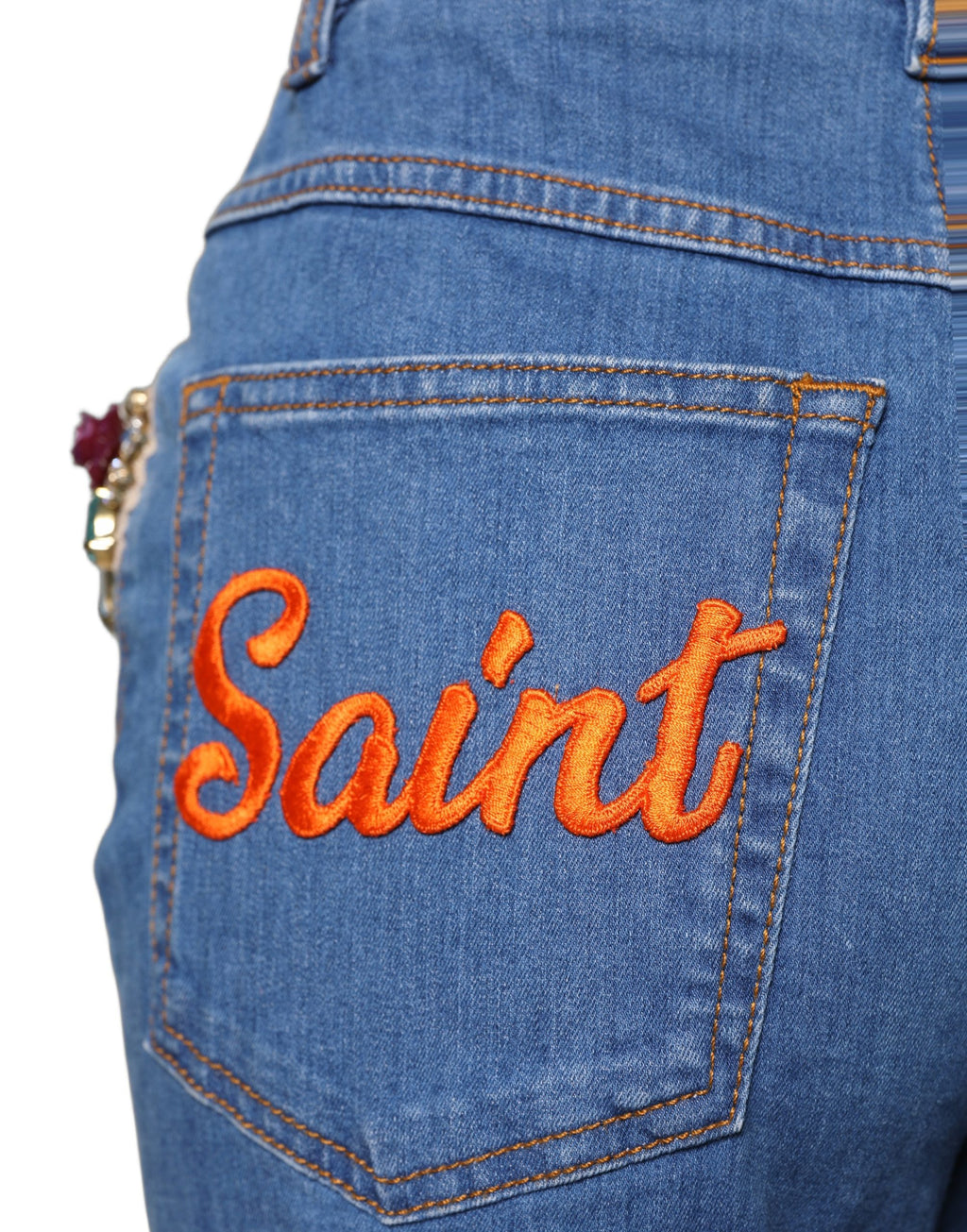 Dolce & Gabbana Blaue Jeans mit weitem Bein und Kristallverzierungen