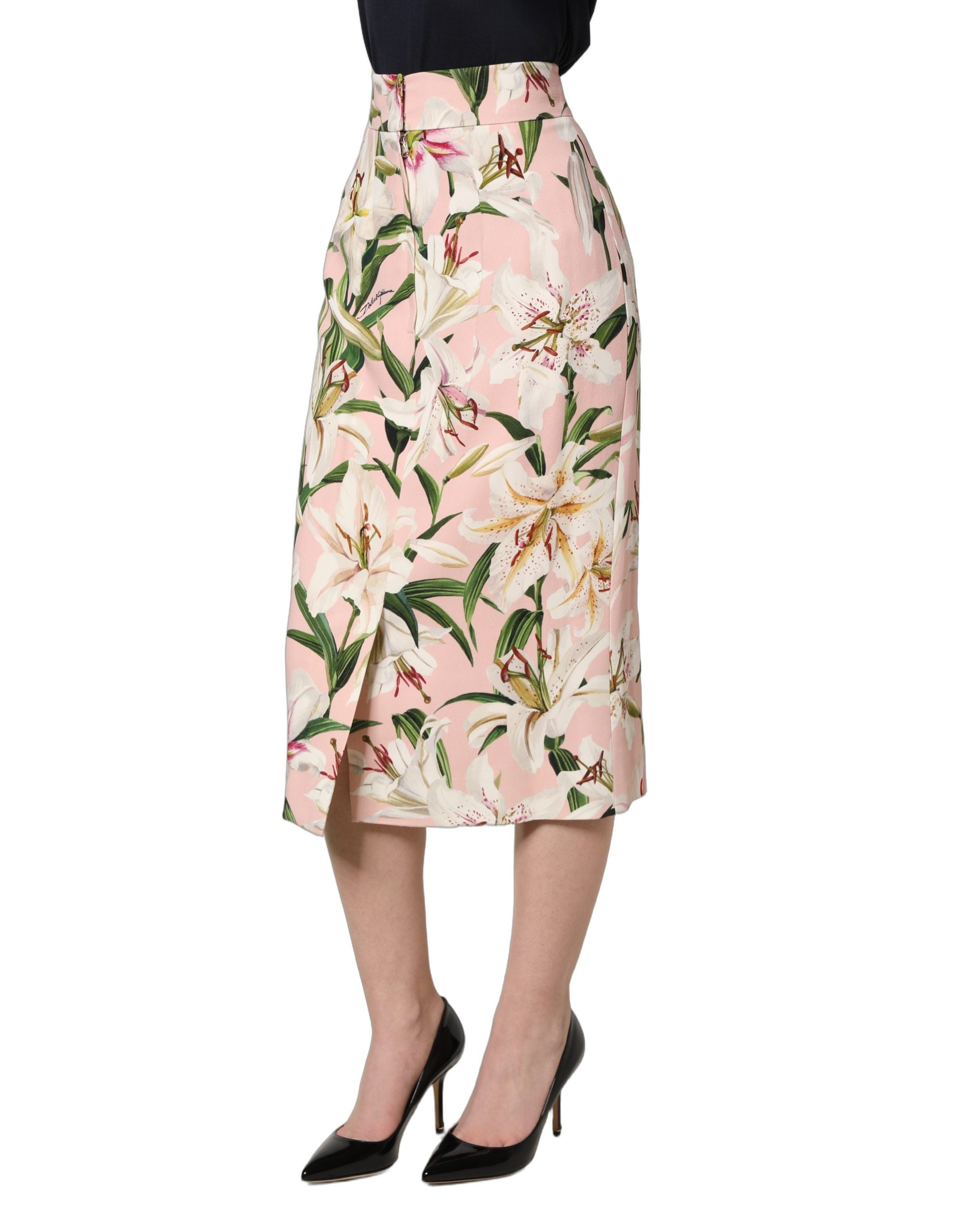Dolce & Gabbana Bleistiftrock mit hohem Bund und pinkfarbenem Lilien-Print