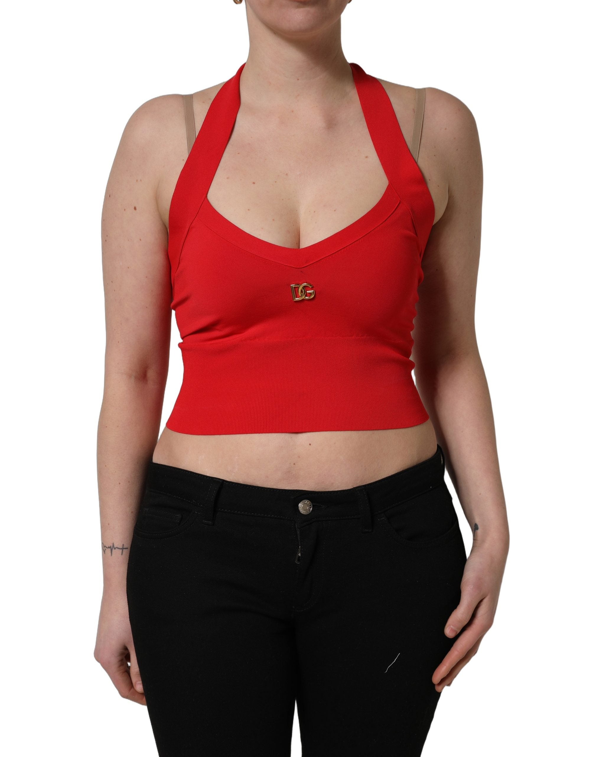 Dolce & Gabbana Rotes ärmelloses Neckholder-Crop-Top aus Viskose