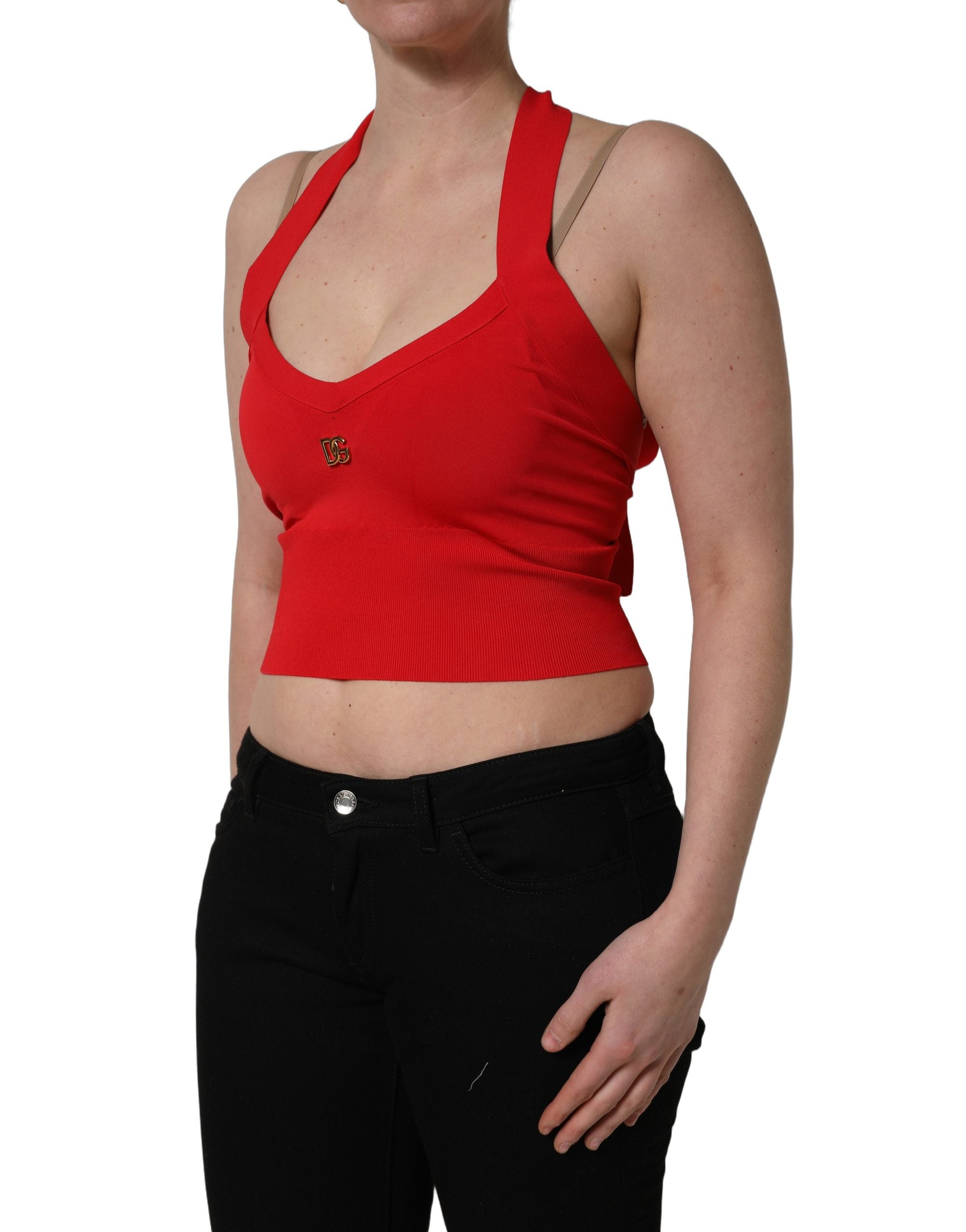 Dolce & Gabbana Rotes ärmelloses Neckholder-Crop-Top aus Viskose