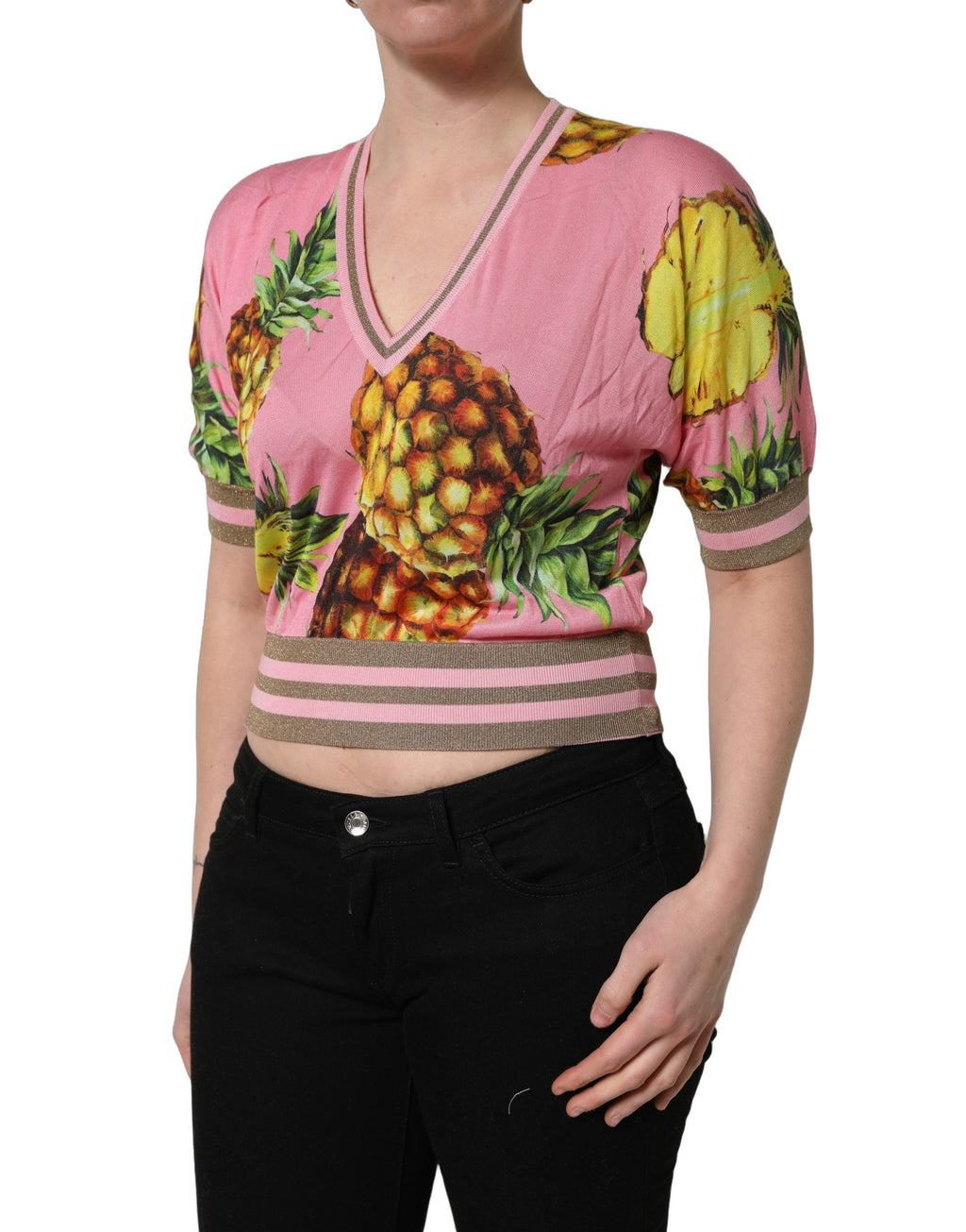 Dolce & Gabbana Pink Pineapple V-Ausschnitt Kurzarm Cropped Top