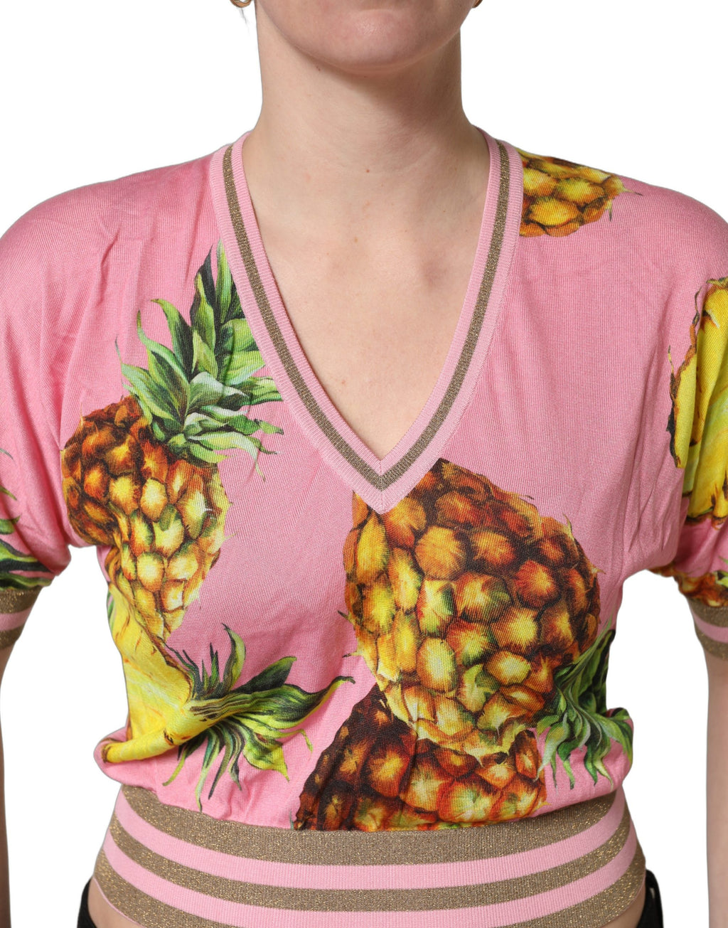 Dolce & Gabbana Pink Pineapple V-Ausschnitt Kurzarm Cropped Top