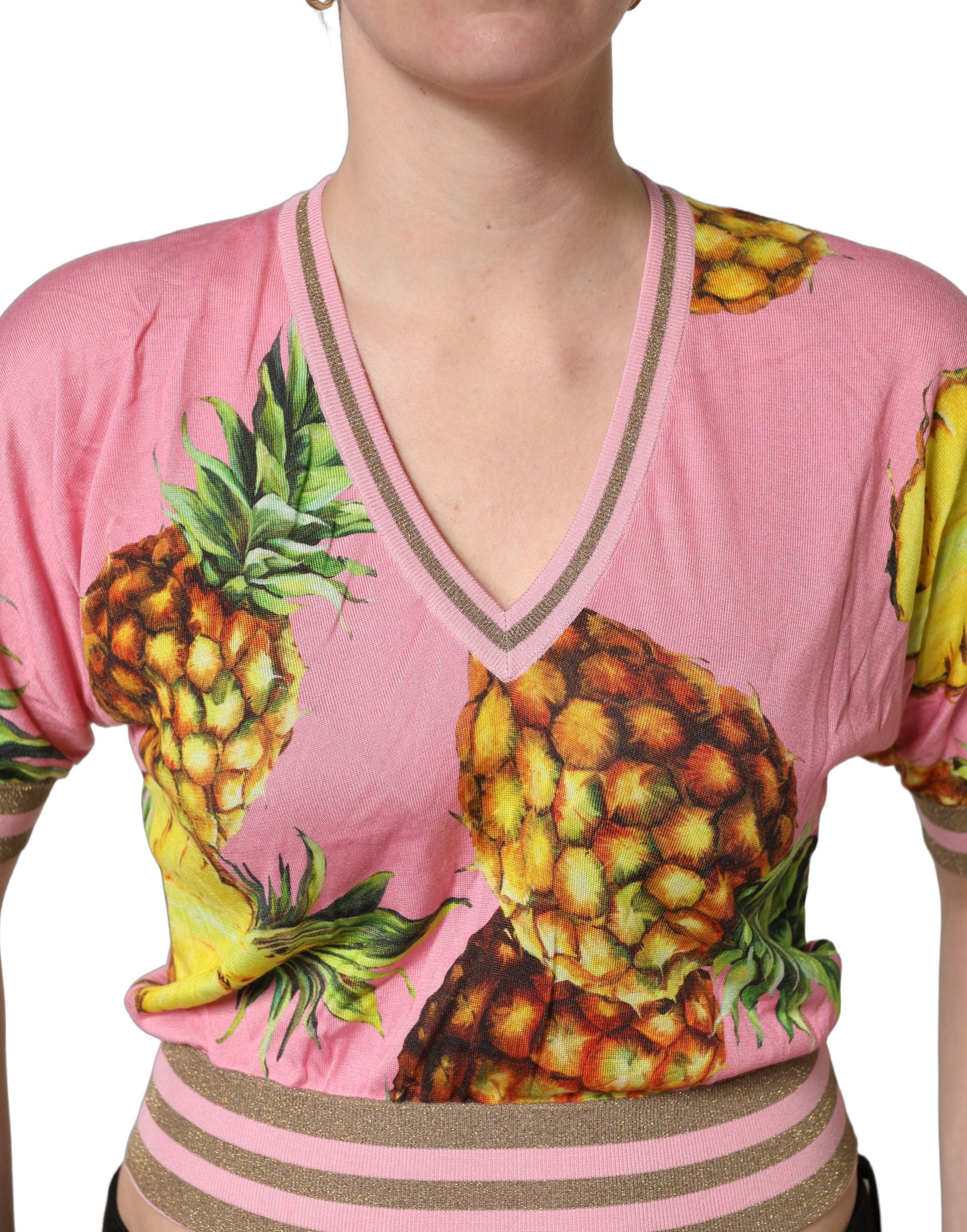 Dolce & Gabbana Pink Pineapple V-Ausschnitt Kurzarm Cropped Top