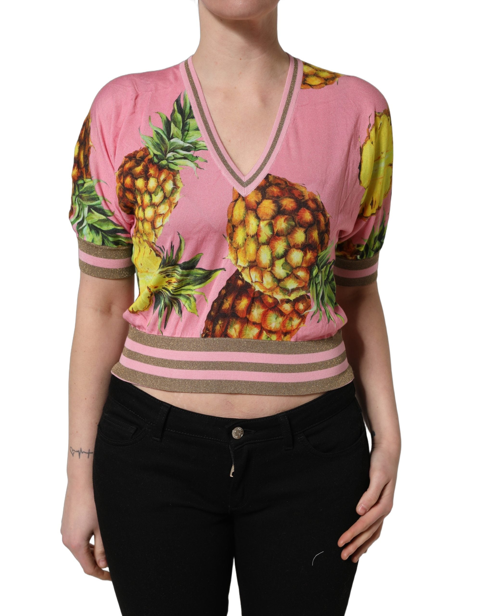 Dolce & Gabbana Pink Pineapple V-Ausschnitt Kurzarm Cropped Top