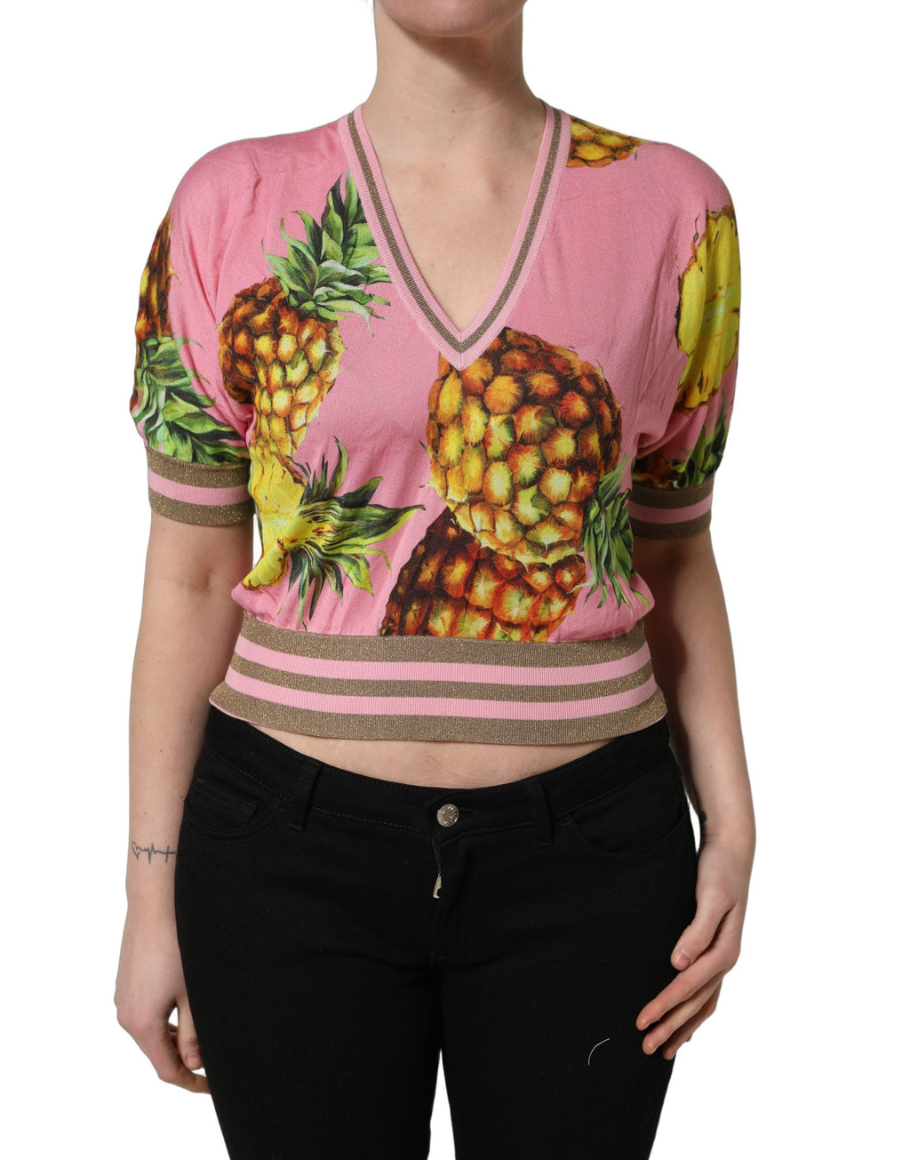 Dolce & Gabbana Pink Pineapple V-Ausschnitt Kurzarm Cropped Top