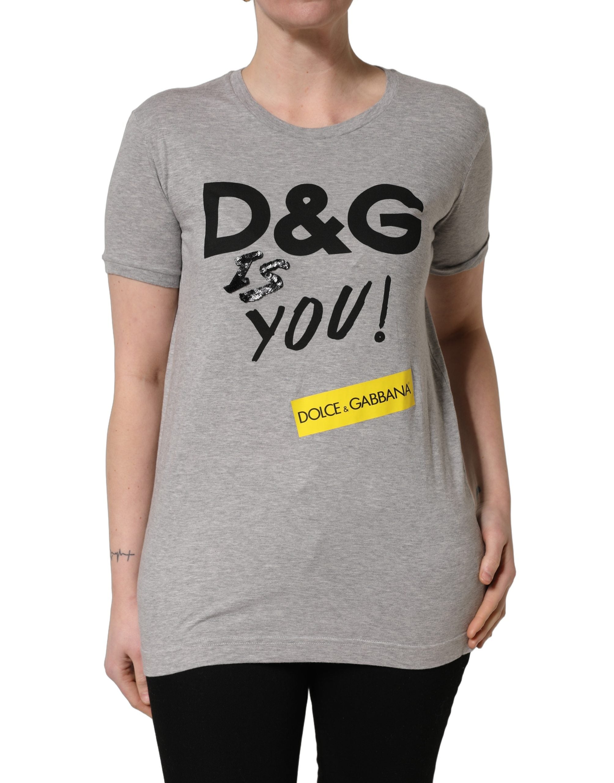 Dolce & Gabbana Graues Baumwoll-T-Shirt mit Logo-Print und Rundhalsausschnitt