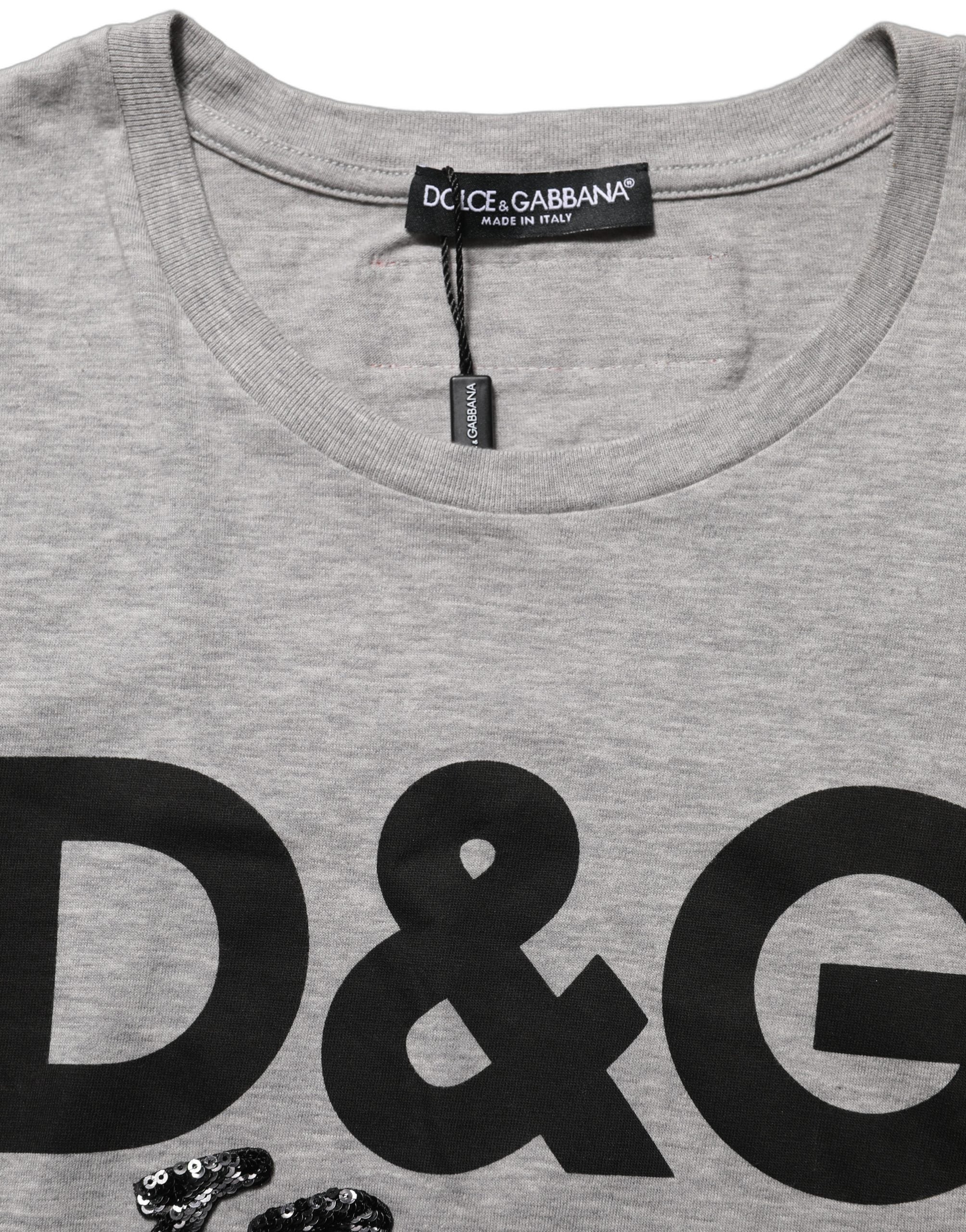 Dolce & Gabbana Graues Baumwoll-T-Shirt mit Logo-Print und Rundhalsausschnitt