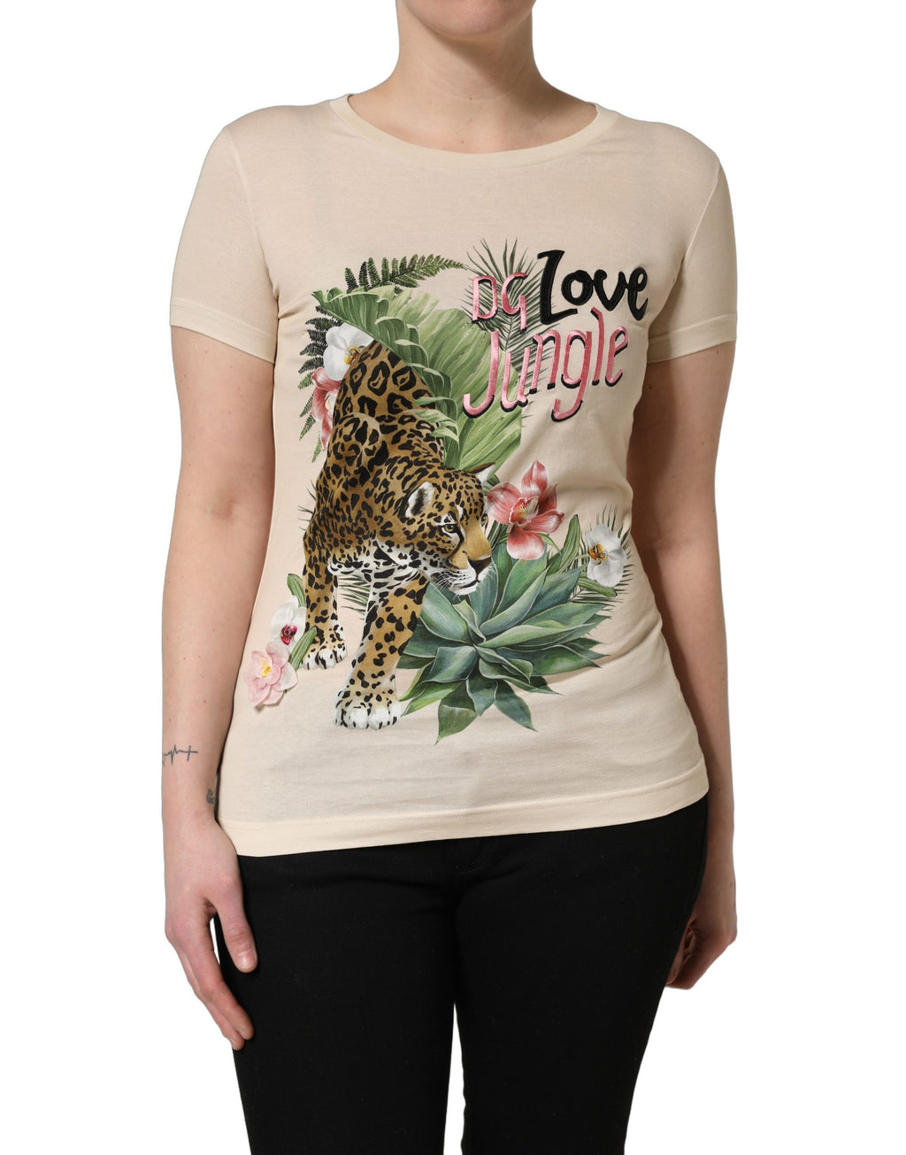 Dolce & Gabbana Beige Dschungelprint-T-Shirt aus Baumwolle mit Rundhalsausschnitt