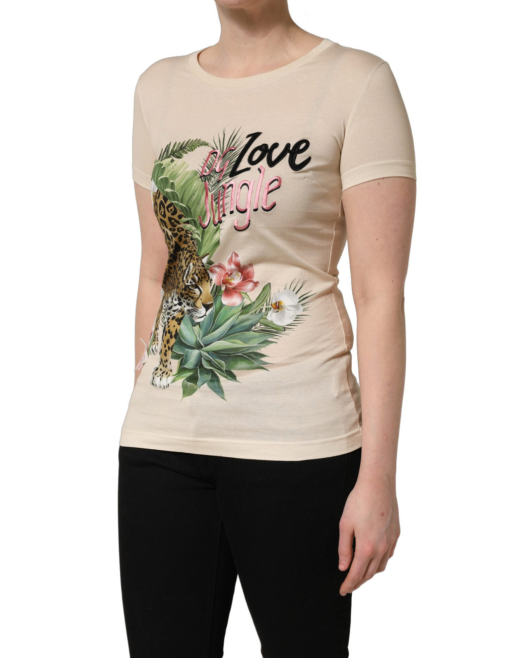 Dolce & Gabbana Beige Dschungelprint-T-Shirt aus Baumwolle mit Rundhalsausschnitt