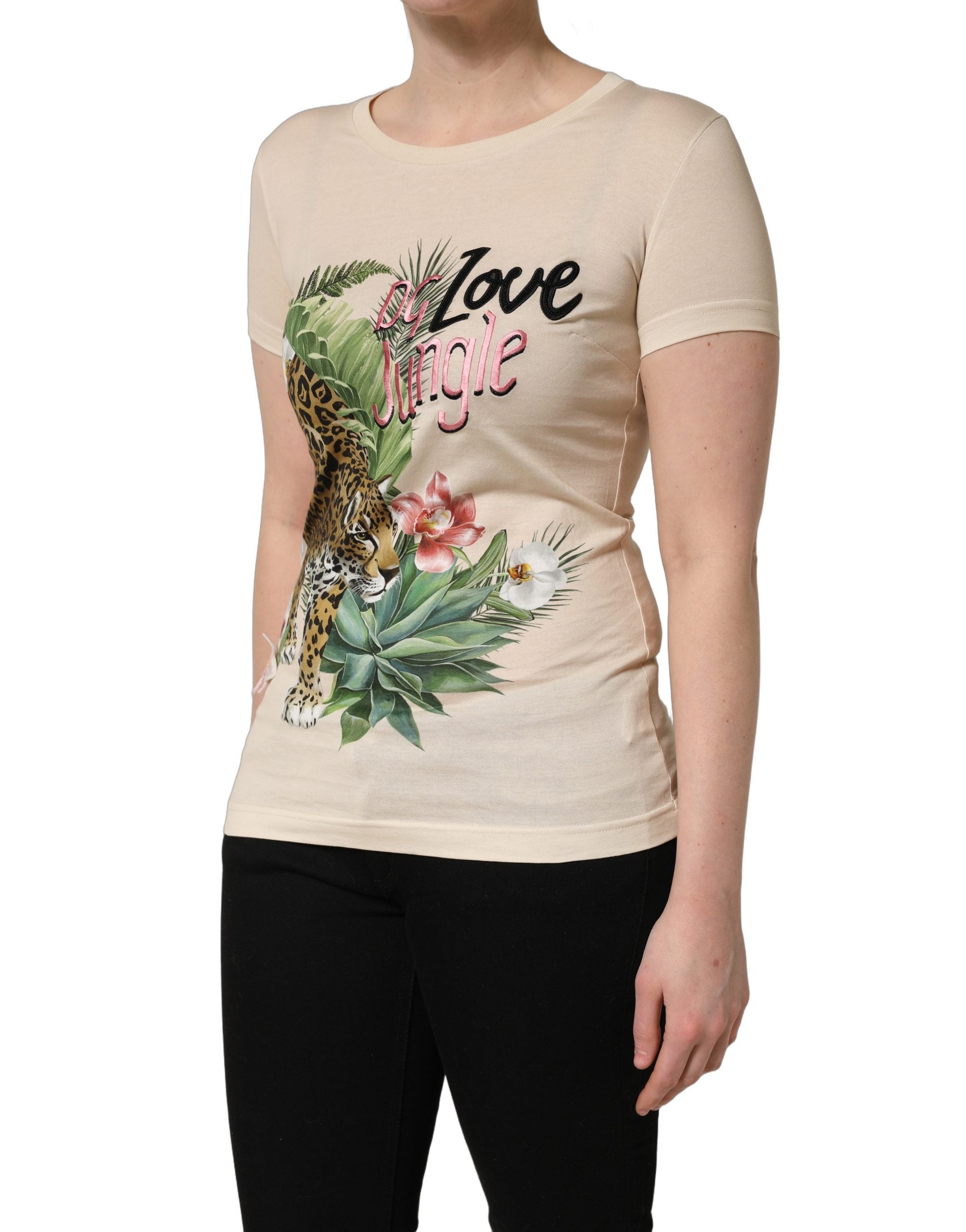 Dolce & Gabbana Beige Dschungelprint-T-Shirt aus Baumwolle mit Rundhalsausschnitt