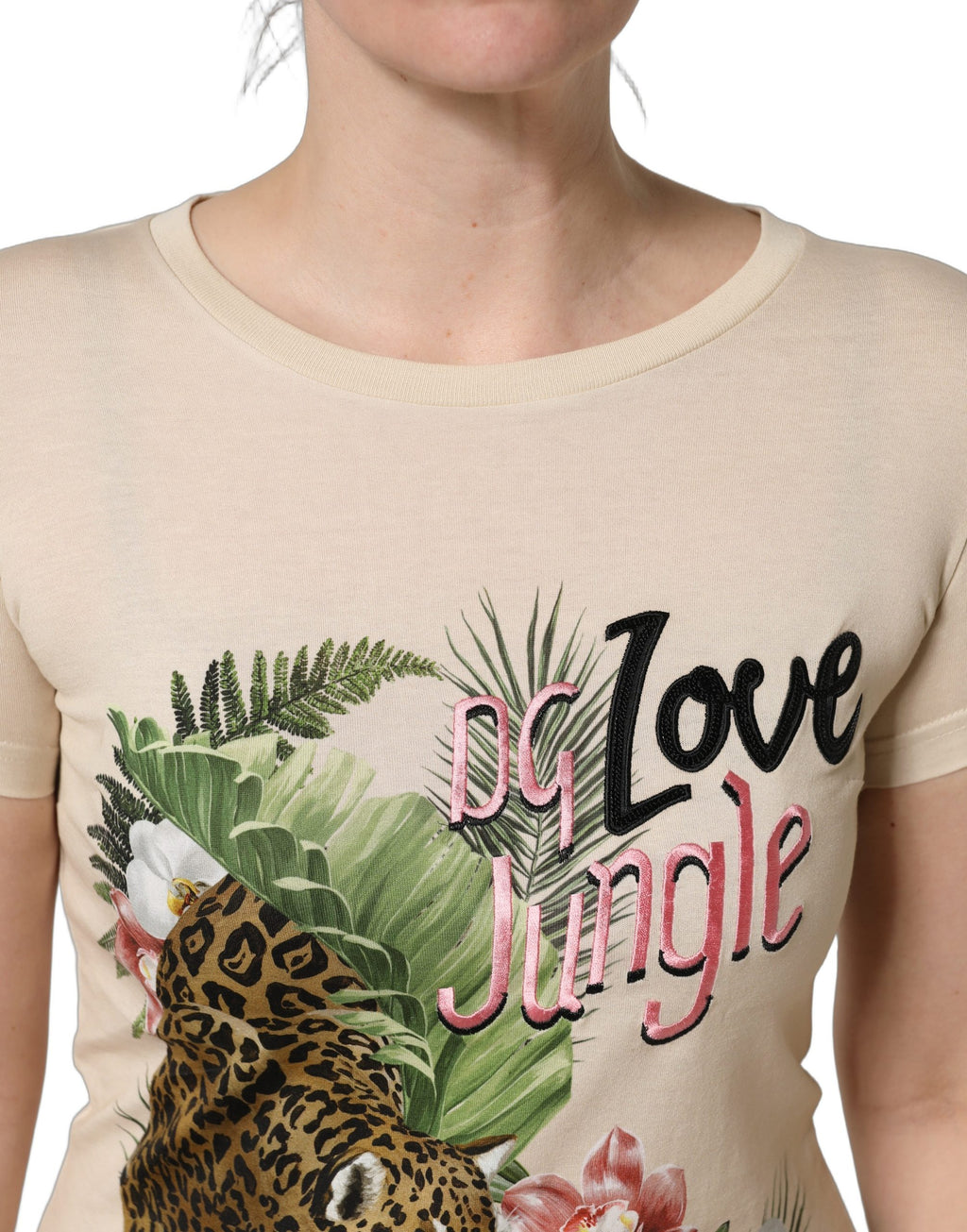 Dolce & Gabbana Beige Dschungelprint-T-Shirt aus Baumwolle mit Rundhalsausschnitt