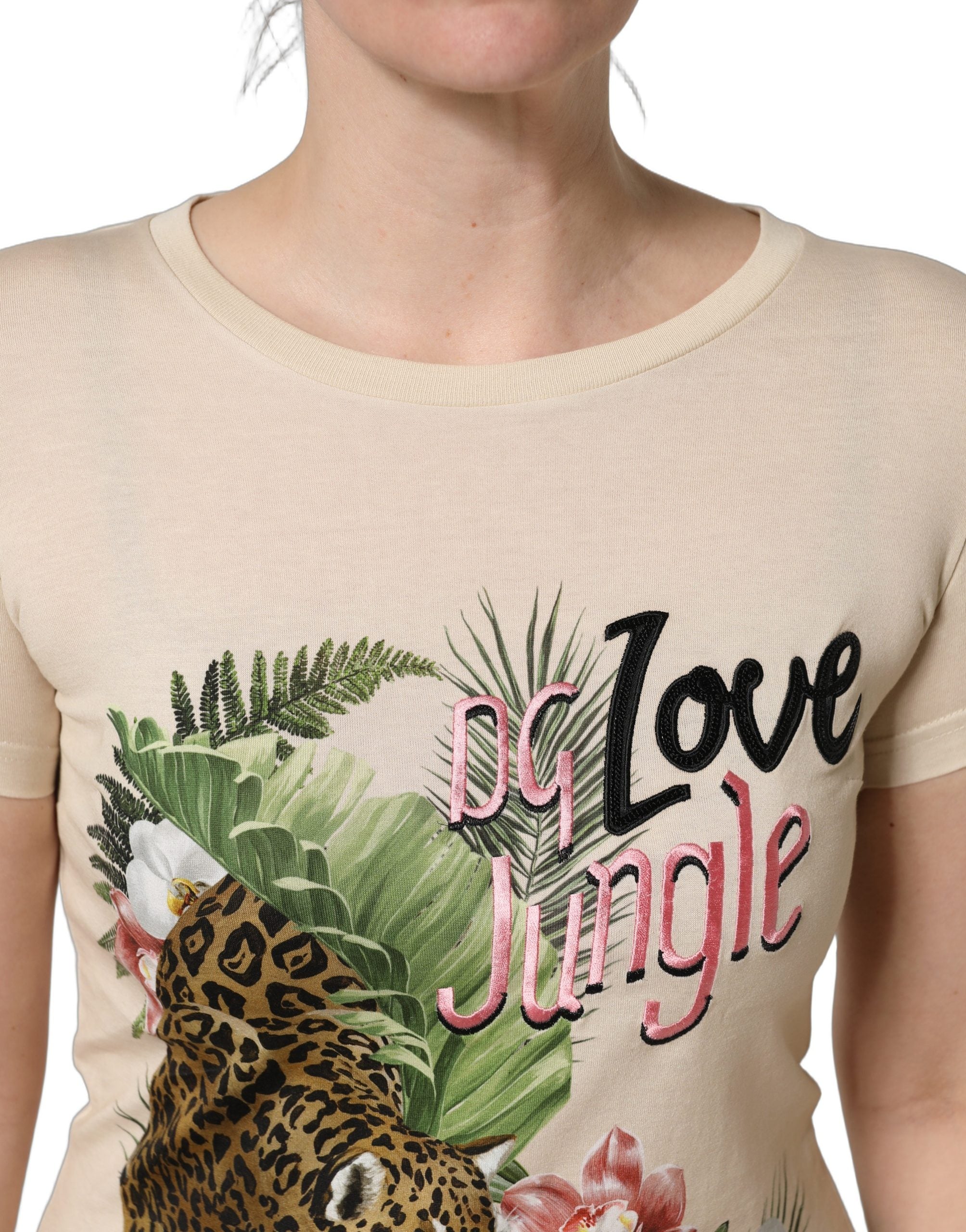 Dolce & Gabbana Beige Dschungelprint-T-Shirt aus Baumwolle mit Rundhalsausschnitt