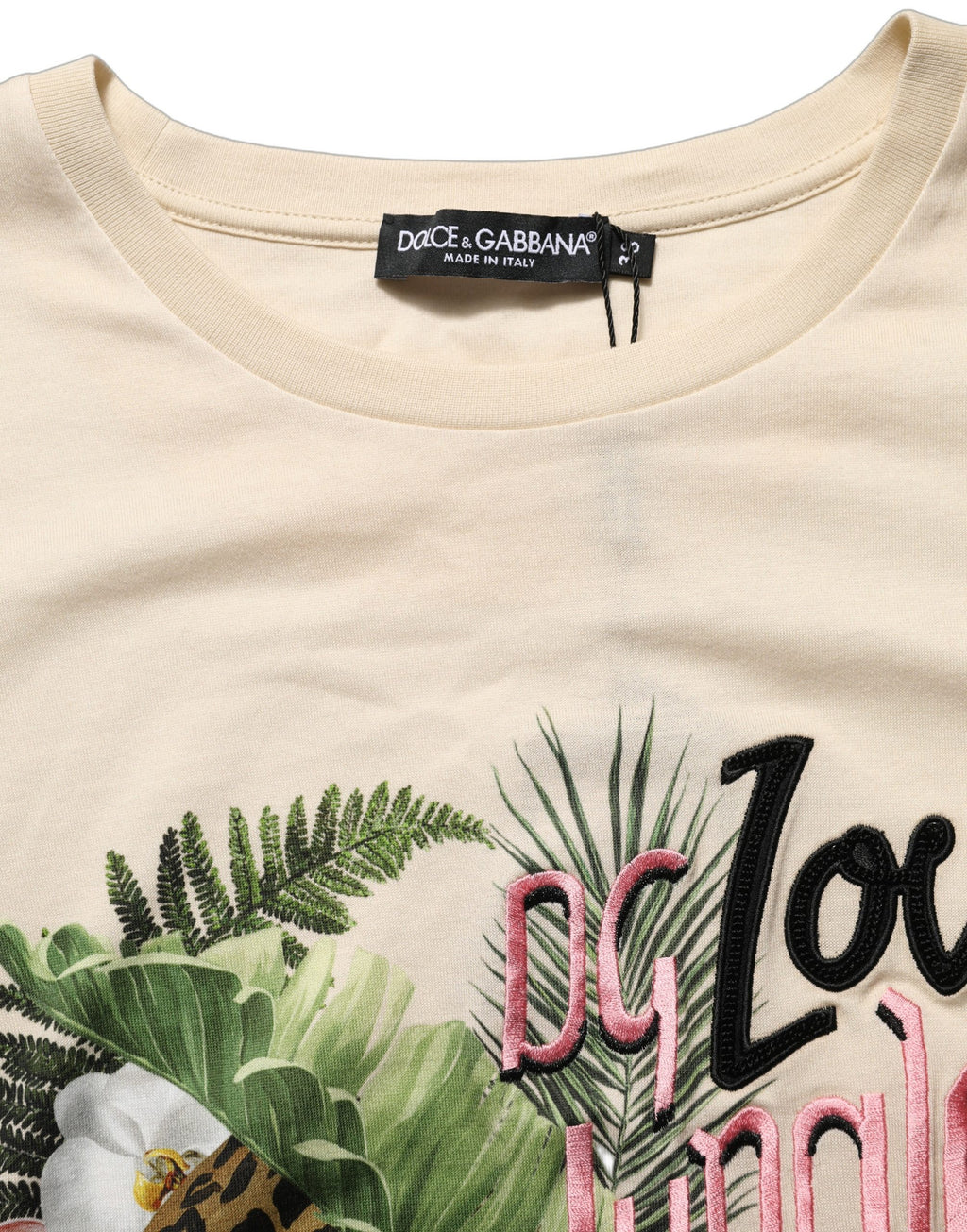 Dolce & Gabbana Beige Dschungelprint-T-Shirt aus Baumwolle mit Rundhalsausschnitt