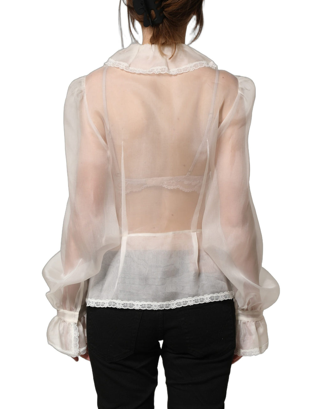 Dolce & Gabbana Weiße Rüschen-Bluse aus transparentem Seiden-Mix mit Knöpfen