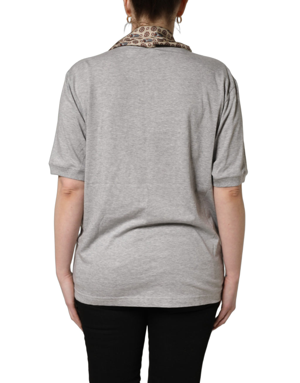 Dolce & Gabbana Graues Baumwoll-T-Shirt mit V-Ausschnitt und Seidenschal-Detail