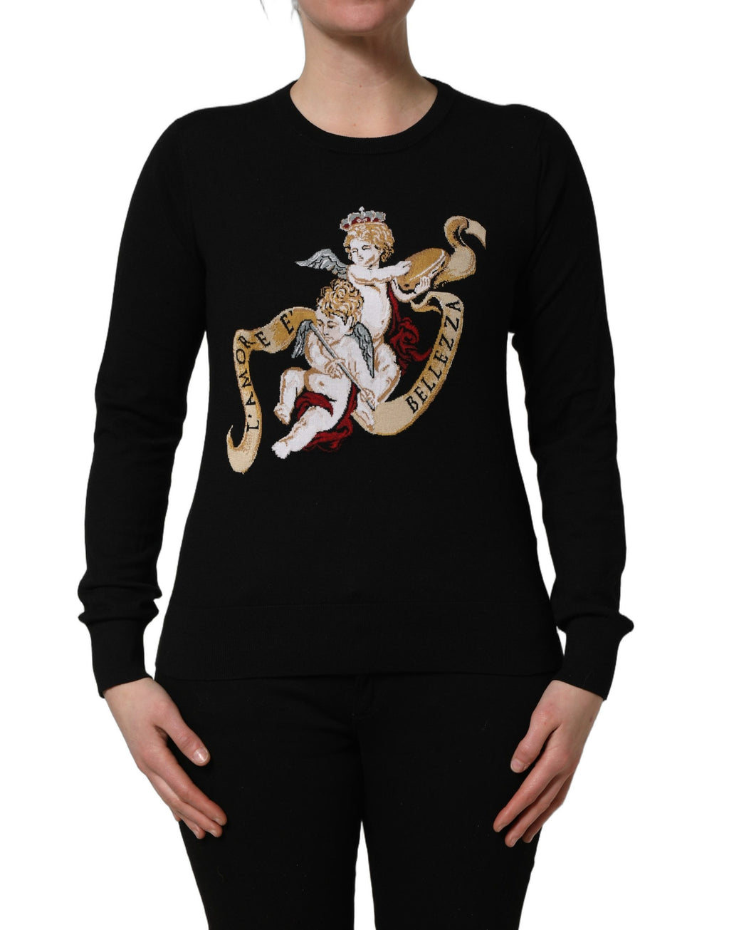 Dolce & Gabbana Pullover-Pullover aus schwarzer Wolle mit Rundhalsausschnitt und Engelsmotiv