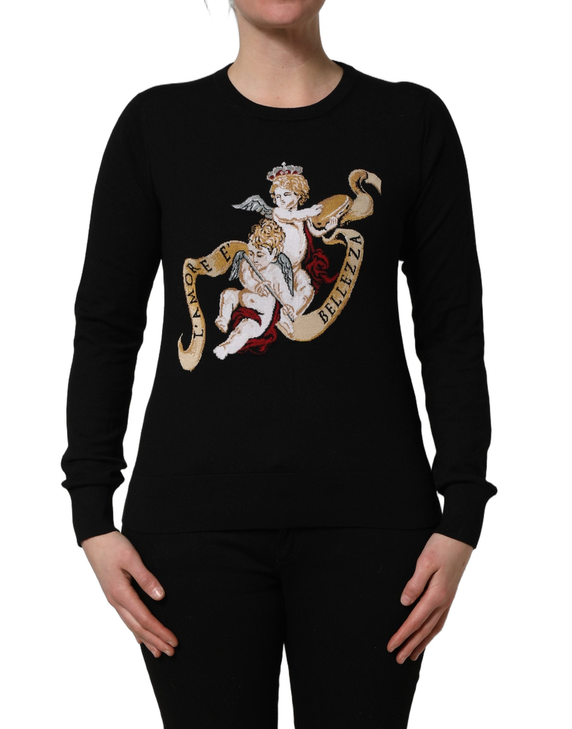Dolce & Gabbana Pullover-Pullover aus schwarzer Wolle mit Rundhalsausschnitt und Engelsmotiv