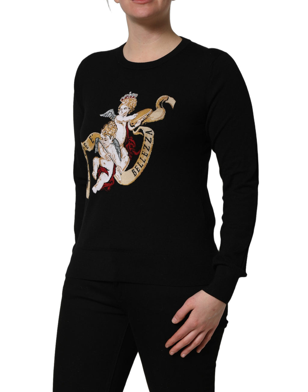 Dolce & Gabbana Pullover-Pullover aus schwarzer Wolle mit Rundhalsausschnitt und Engelsmotiv