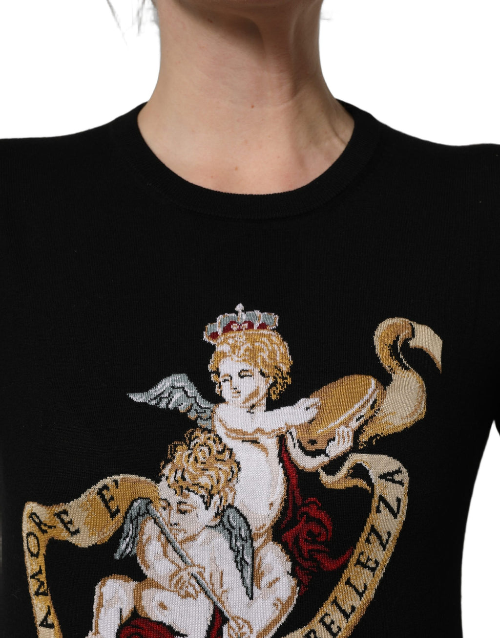 Dolce & Gabbana Pullover-Pullover aus schwarzer Wolle mit Rundhalsausschnitt und Engelsmotiv